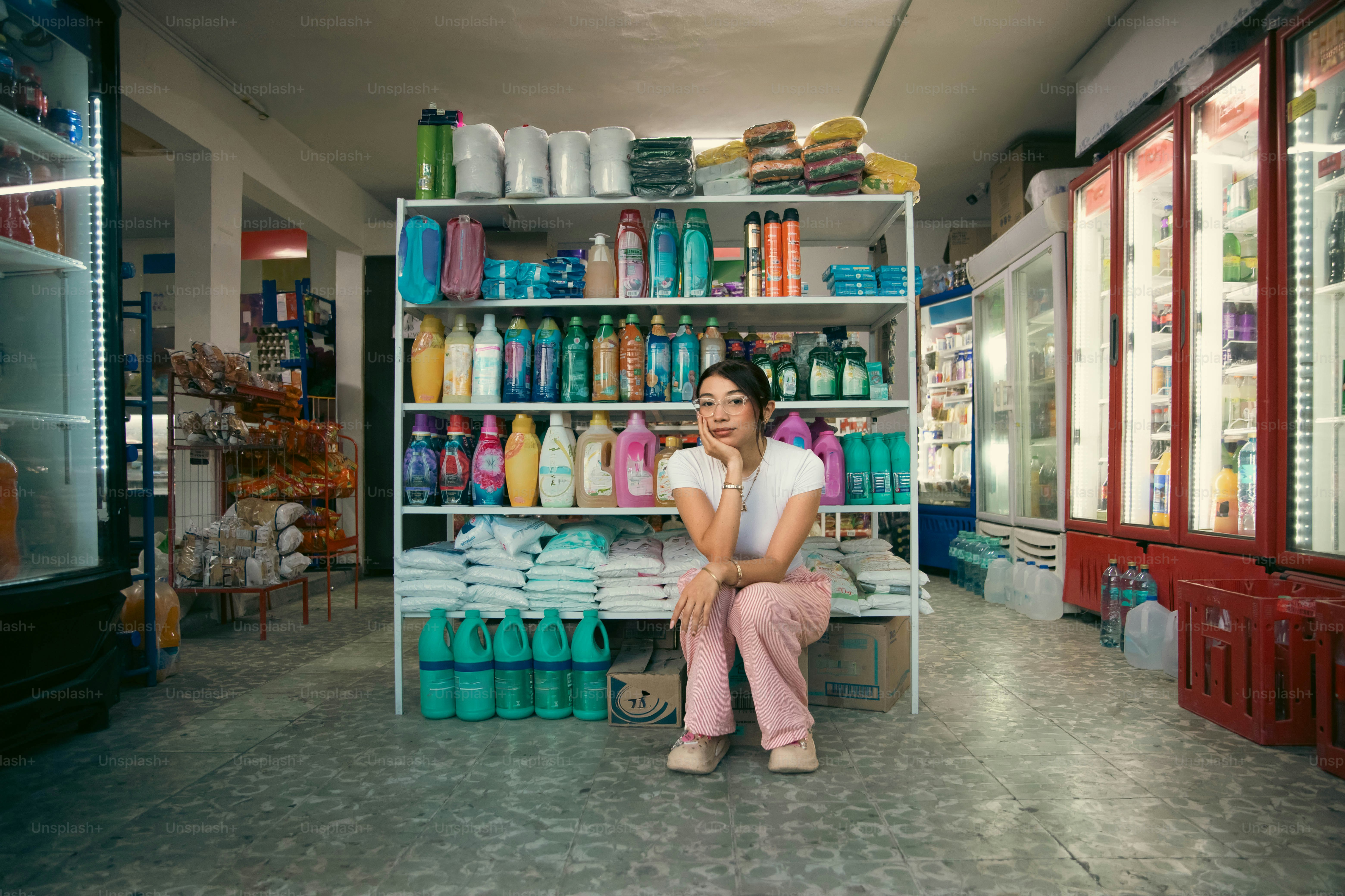 Young woman sitting in a store aisle with various products.