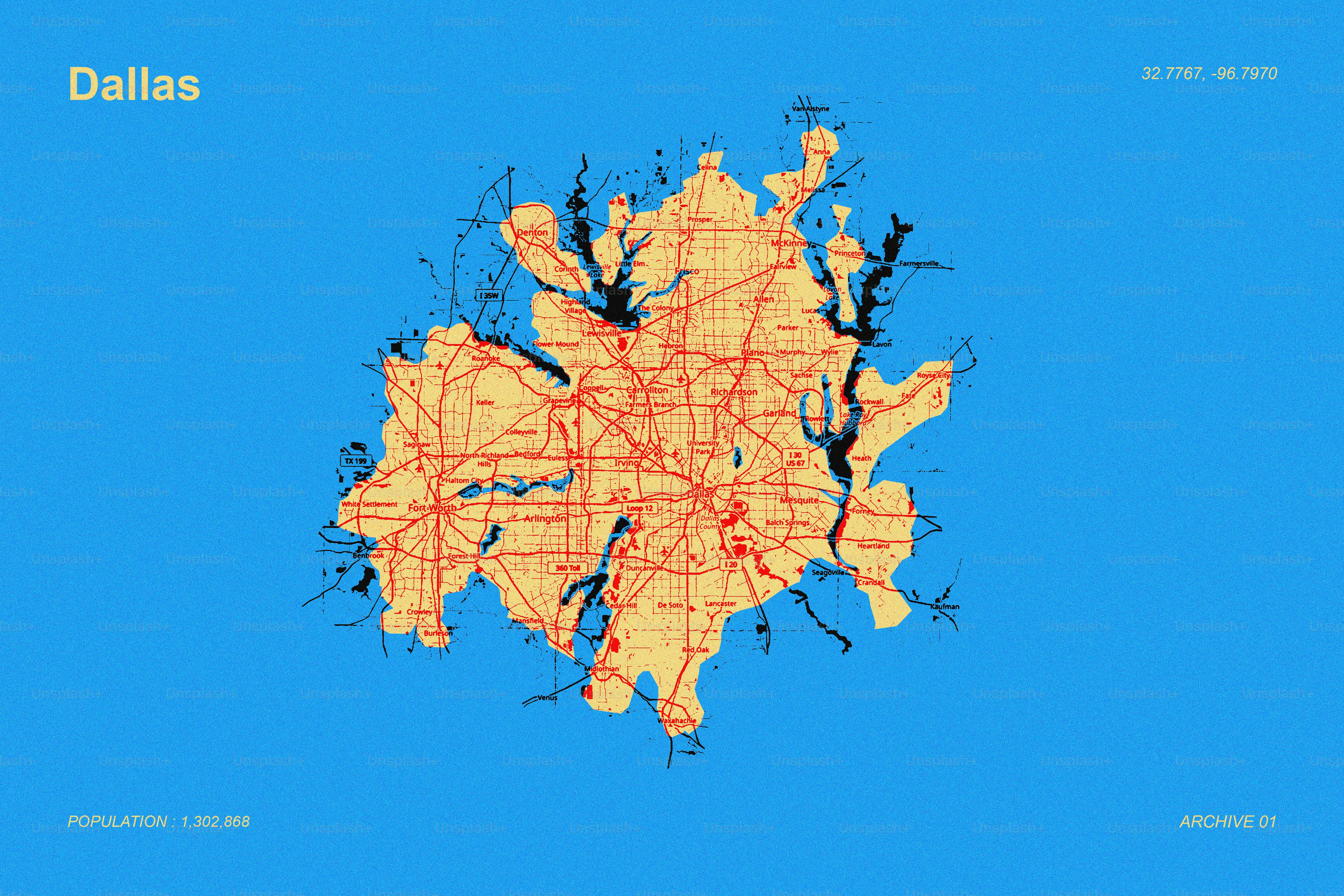Stilisierte Karte von Dallas mit städtischem Layout und Wasser.