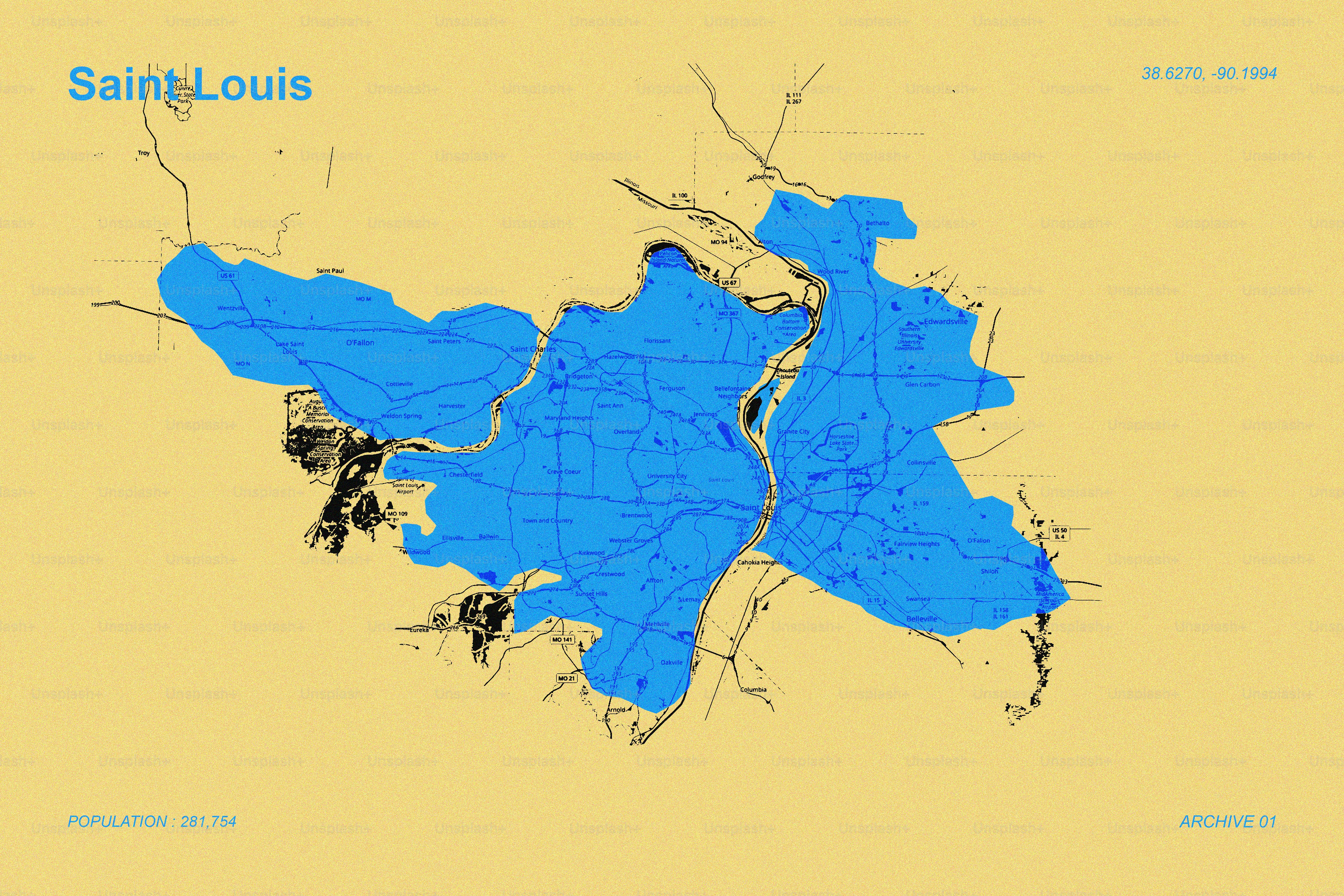 Carte de Saint Louis montrant l’eau bleue étendue sur fond jaune.