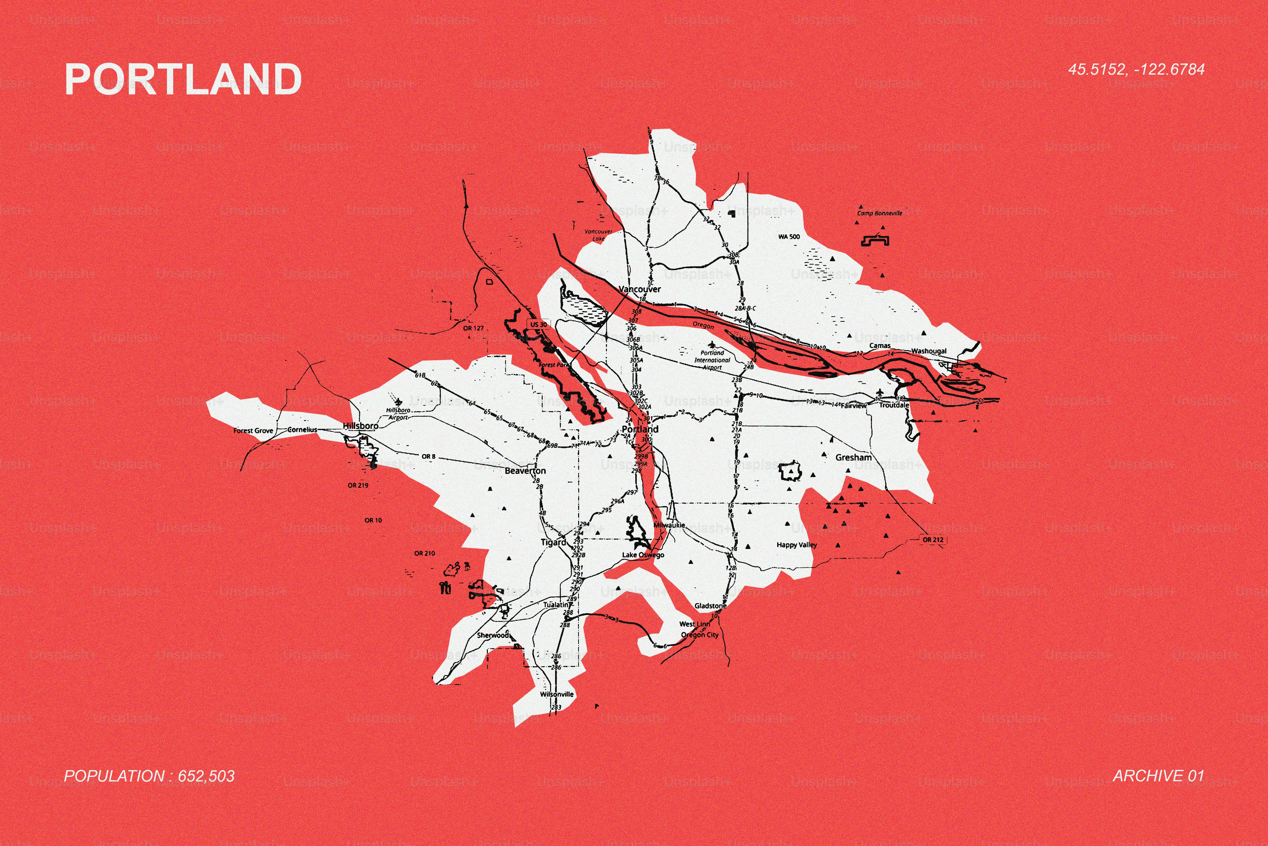Eine stilisierte Karte von Portland, Oregon, auf rotem Hintergrund.