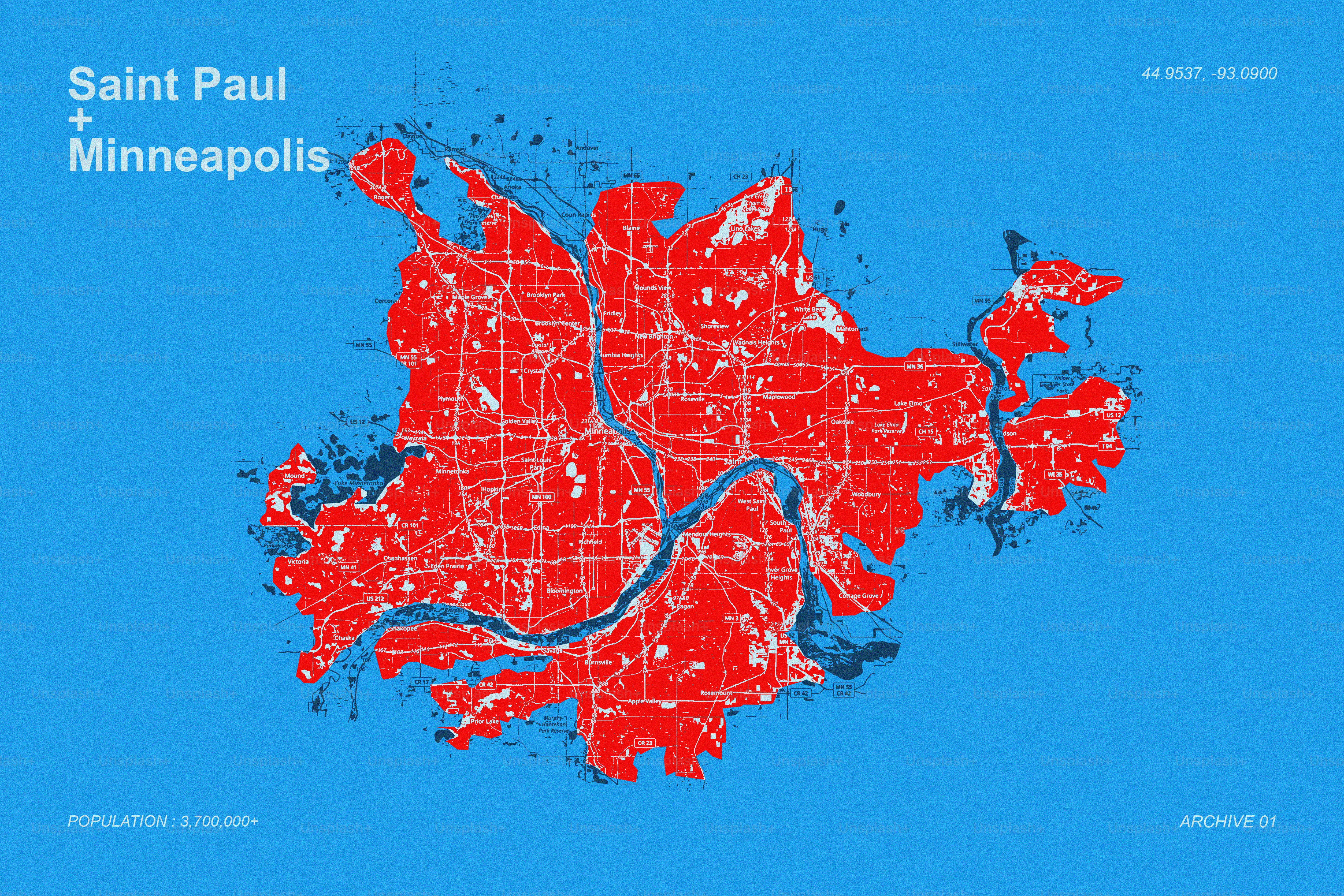 Stilisierte Karte von Saint Paul und Minneapolis auf blauem Hintergrund.