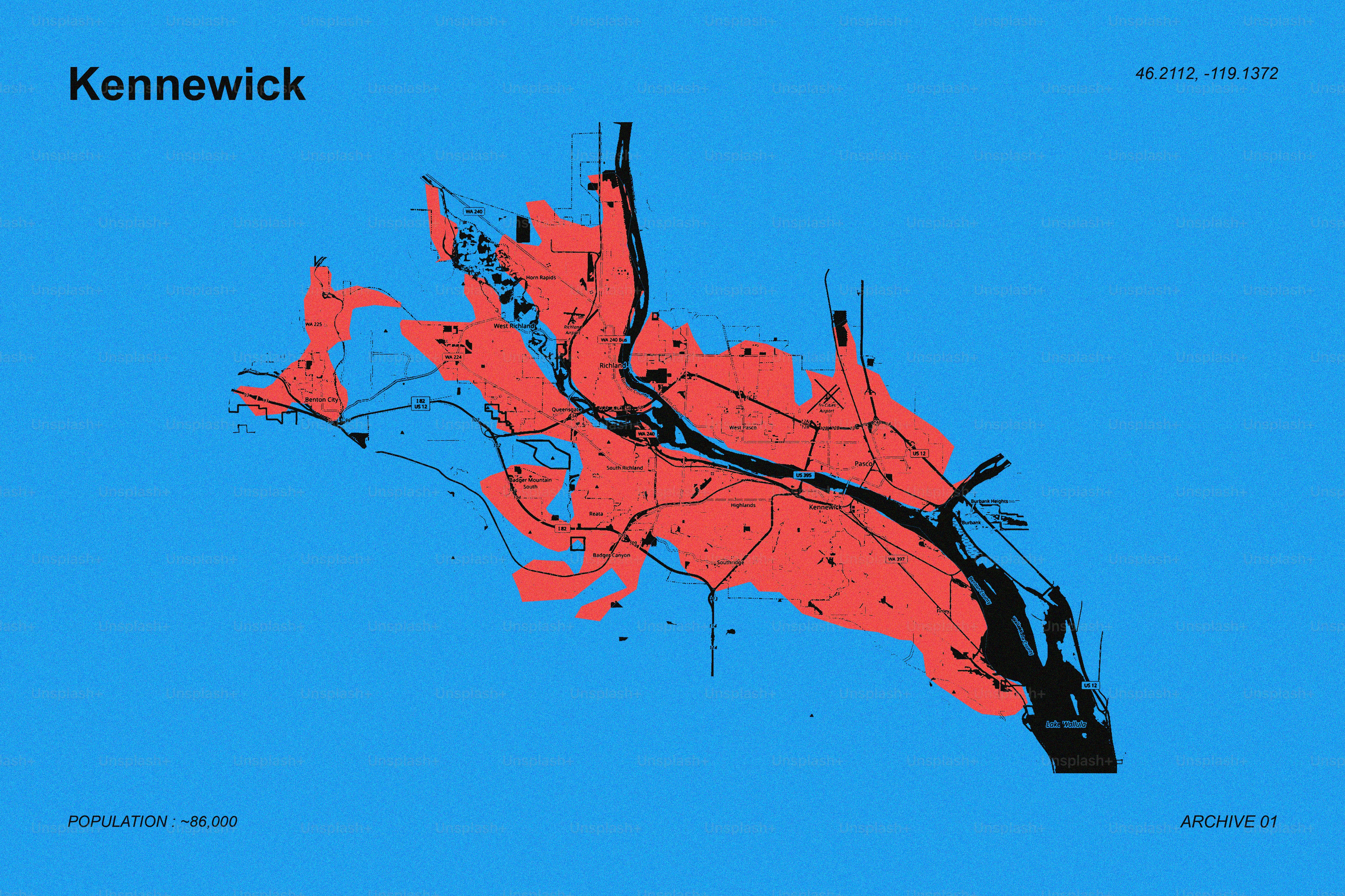 Karte von Kennewick mit rotem Land und blauem Wasser.