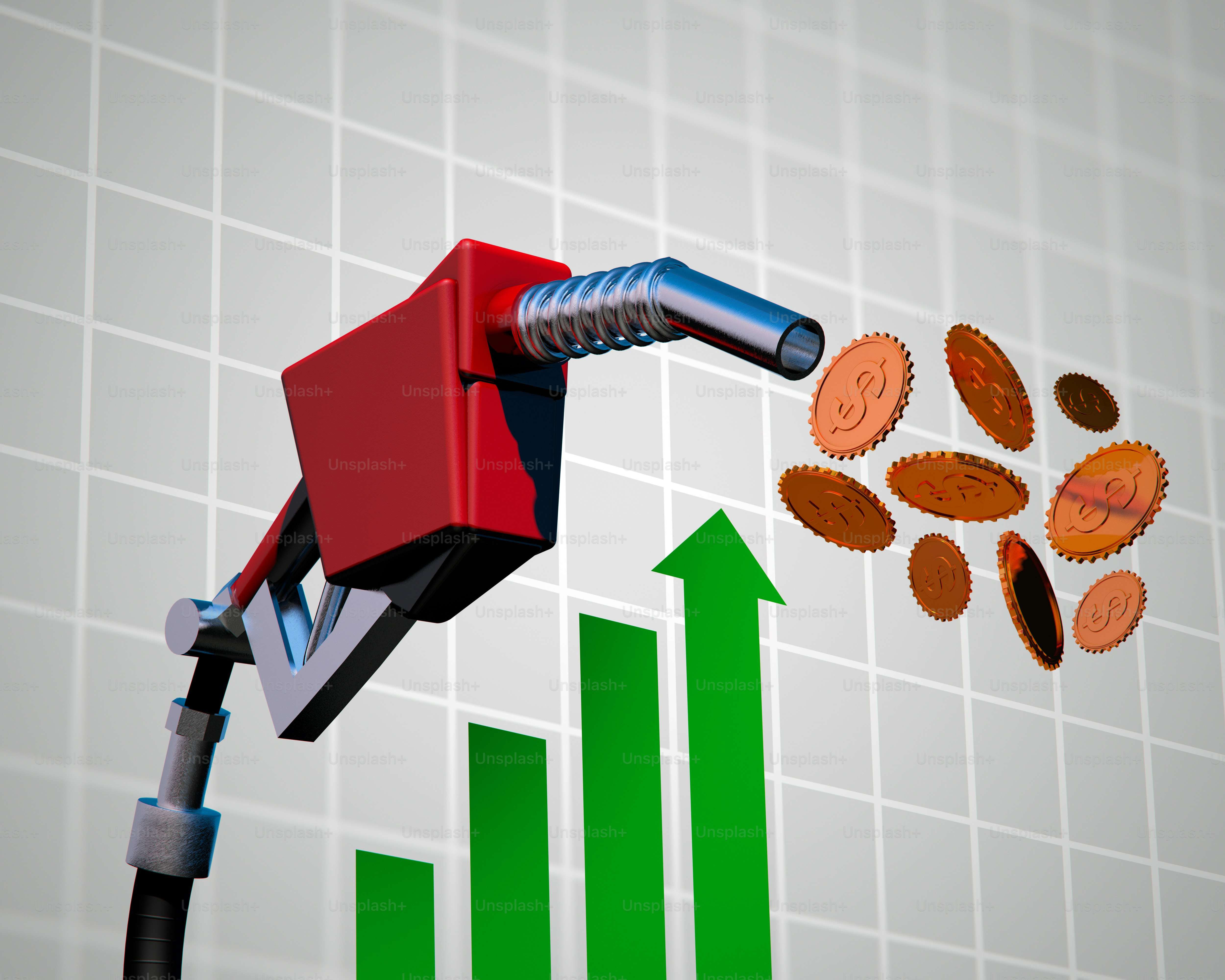 Nosel pompa bensin dengan koin dan grafik harga naik.