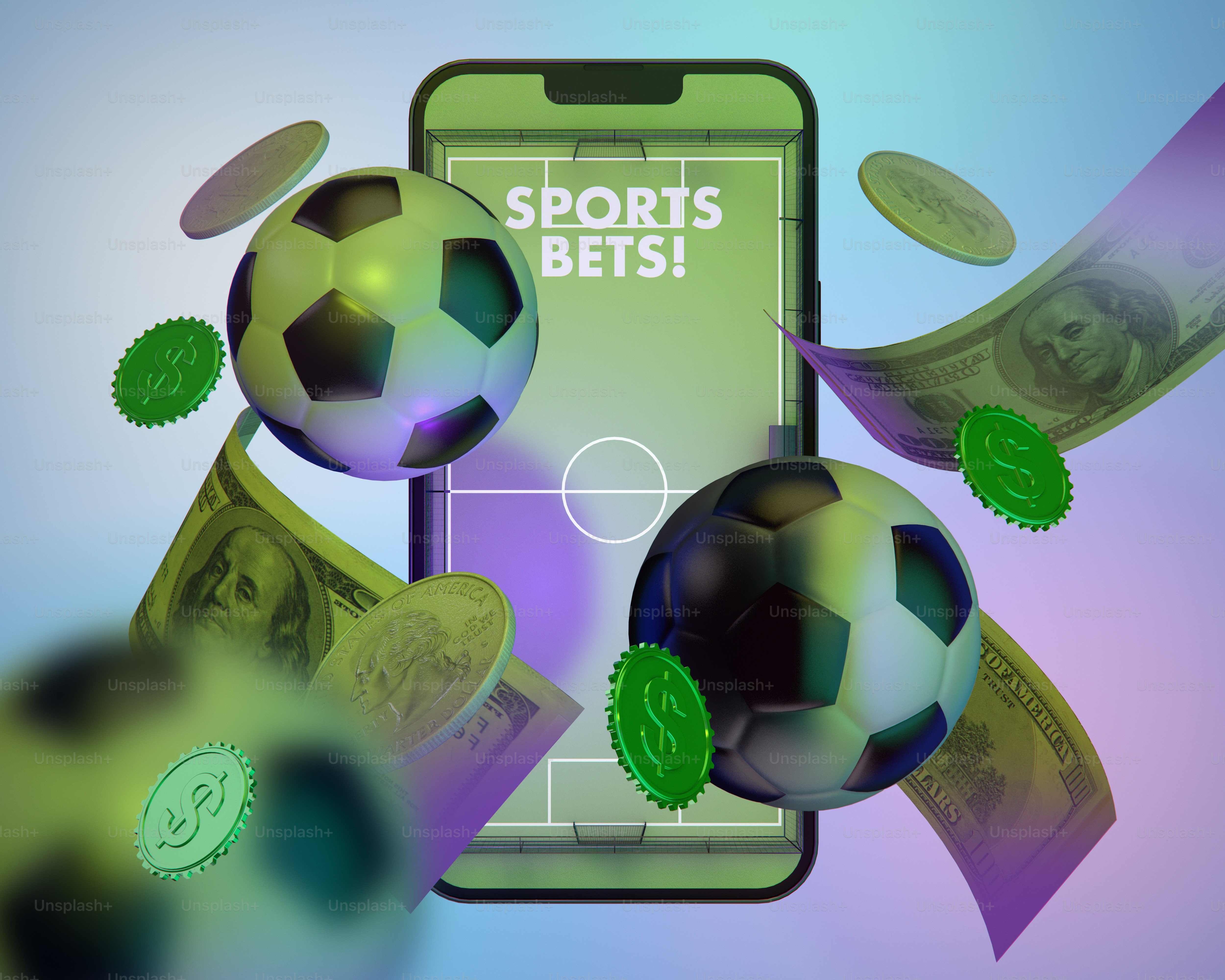 A smartphone displaying "sports bets!" with footballs, money, and coins.