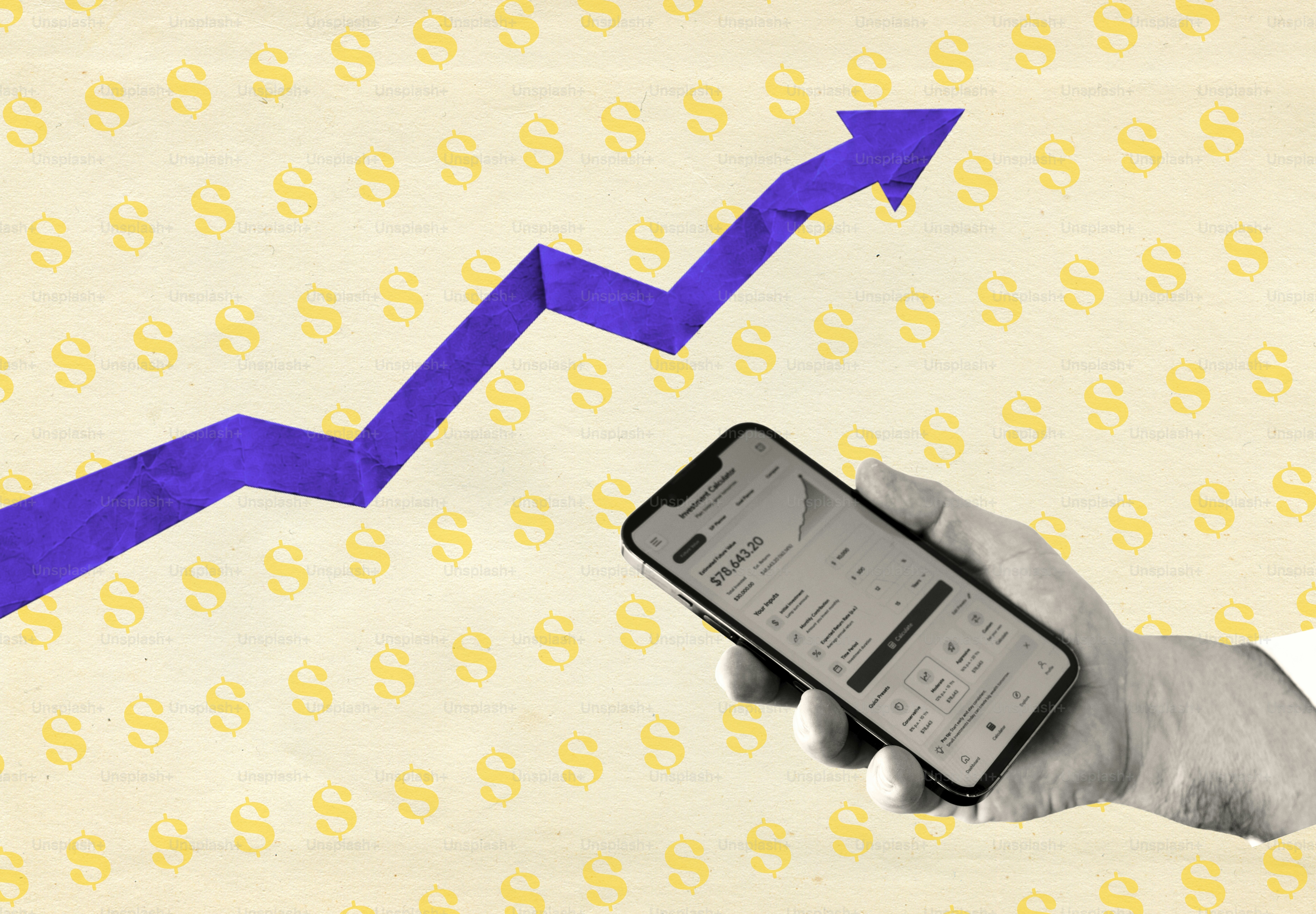 Hand holding phone with rising arrow and dollar signs.
