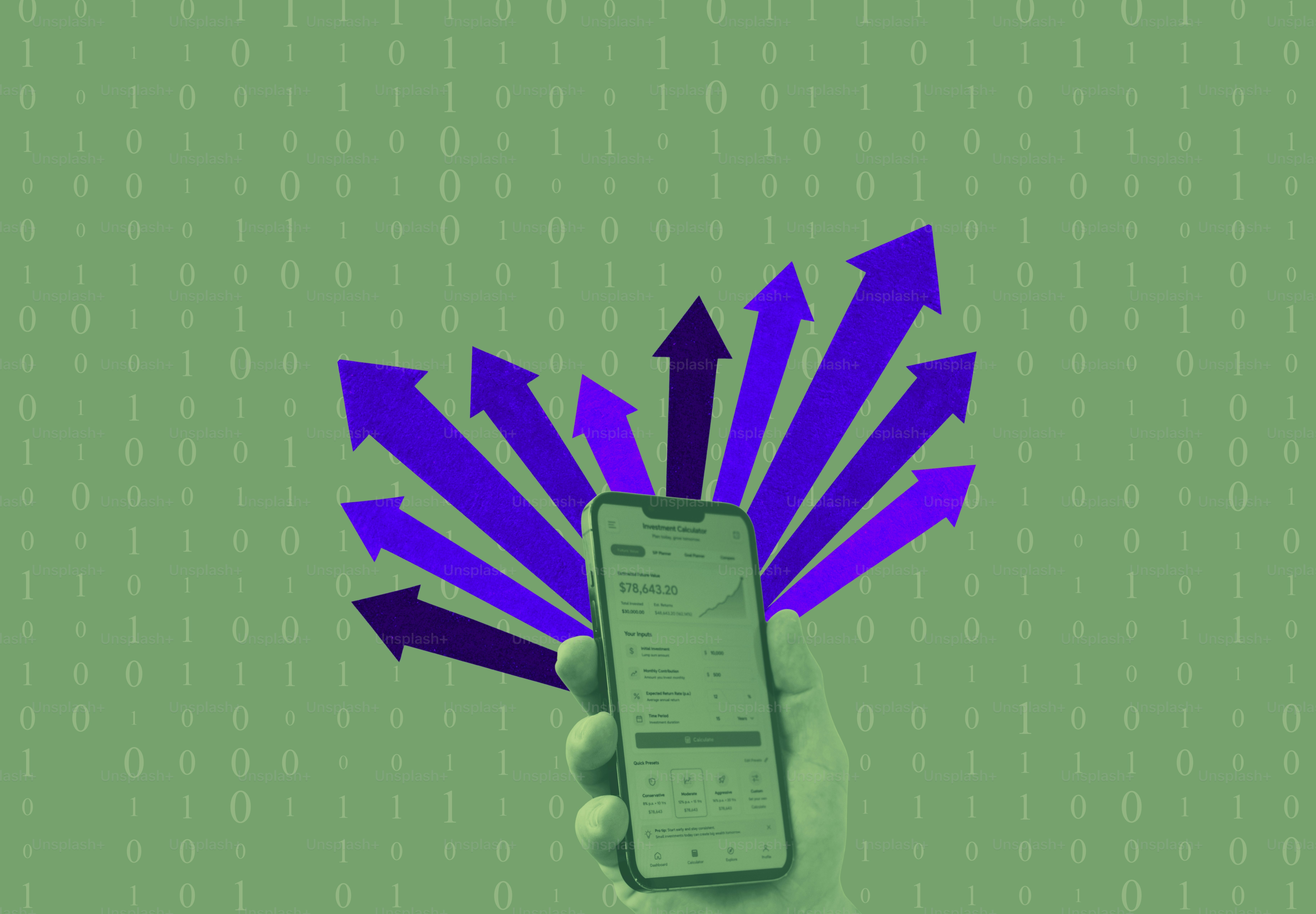 Hand holding smartphone with upward trending arrows on green background.