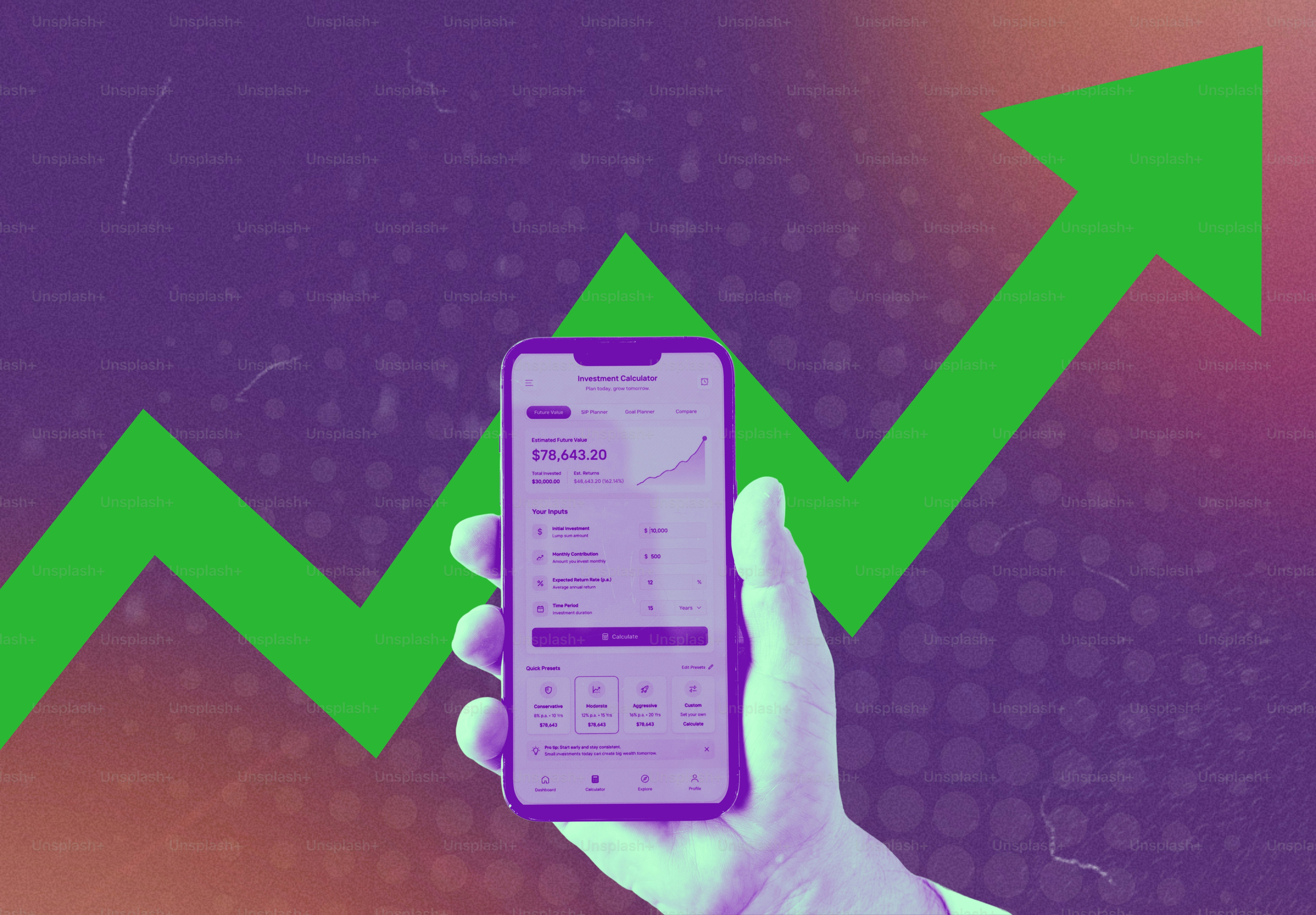 Smartphone with financial data held against a rising green arrow.