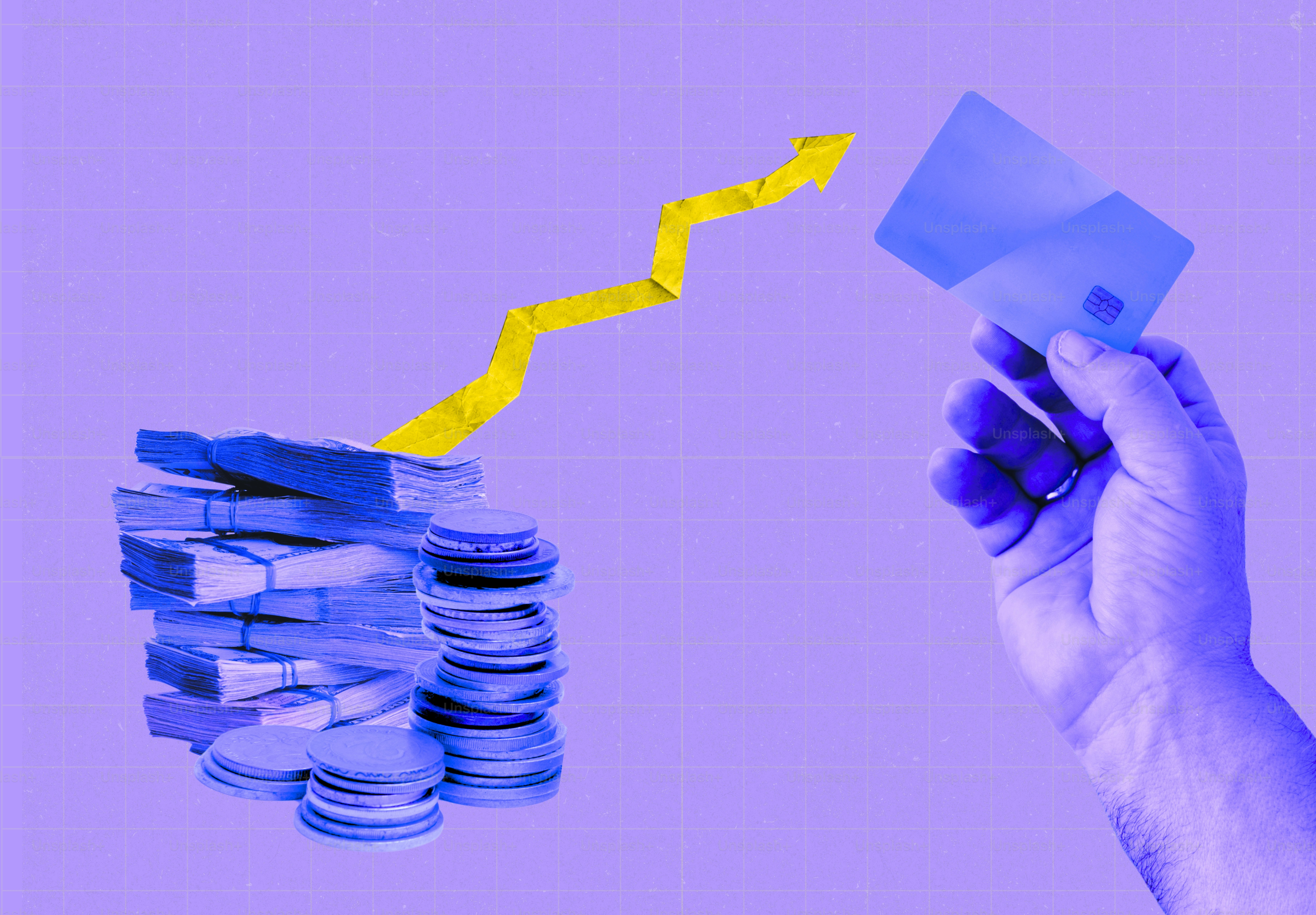 Financial growth concept with credit card and stacks of money.