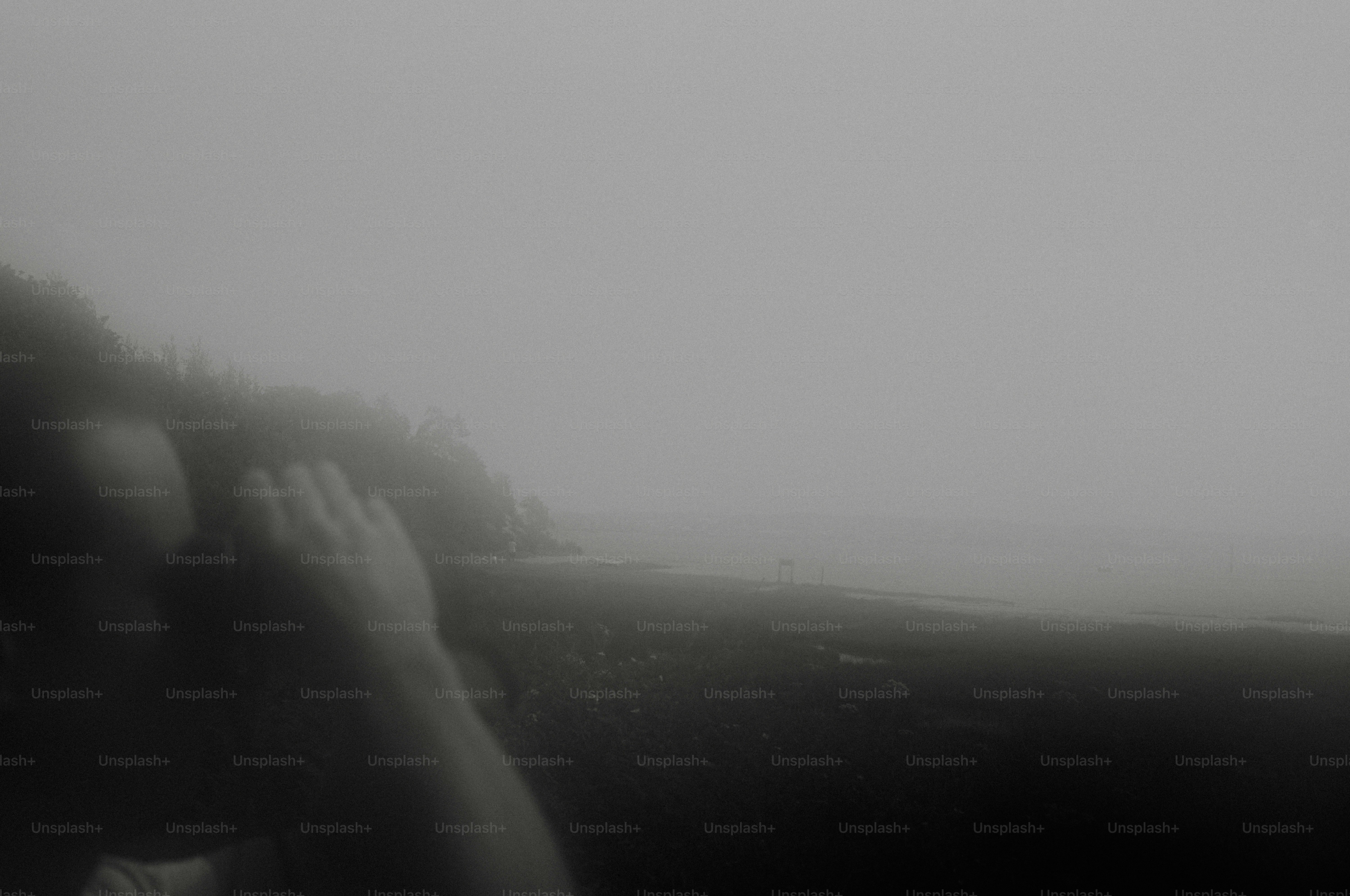 Heavy fog obscures a person and a distant coastline.