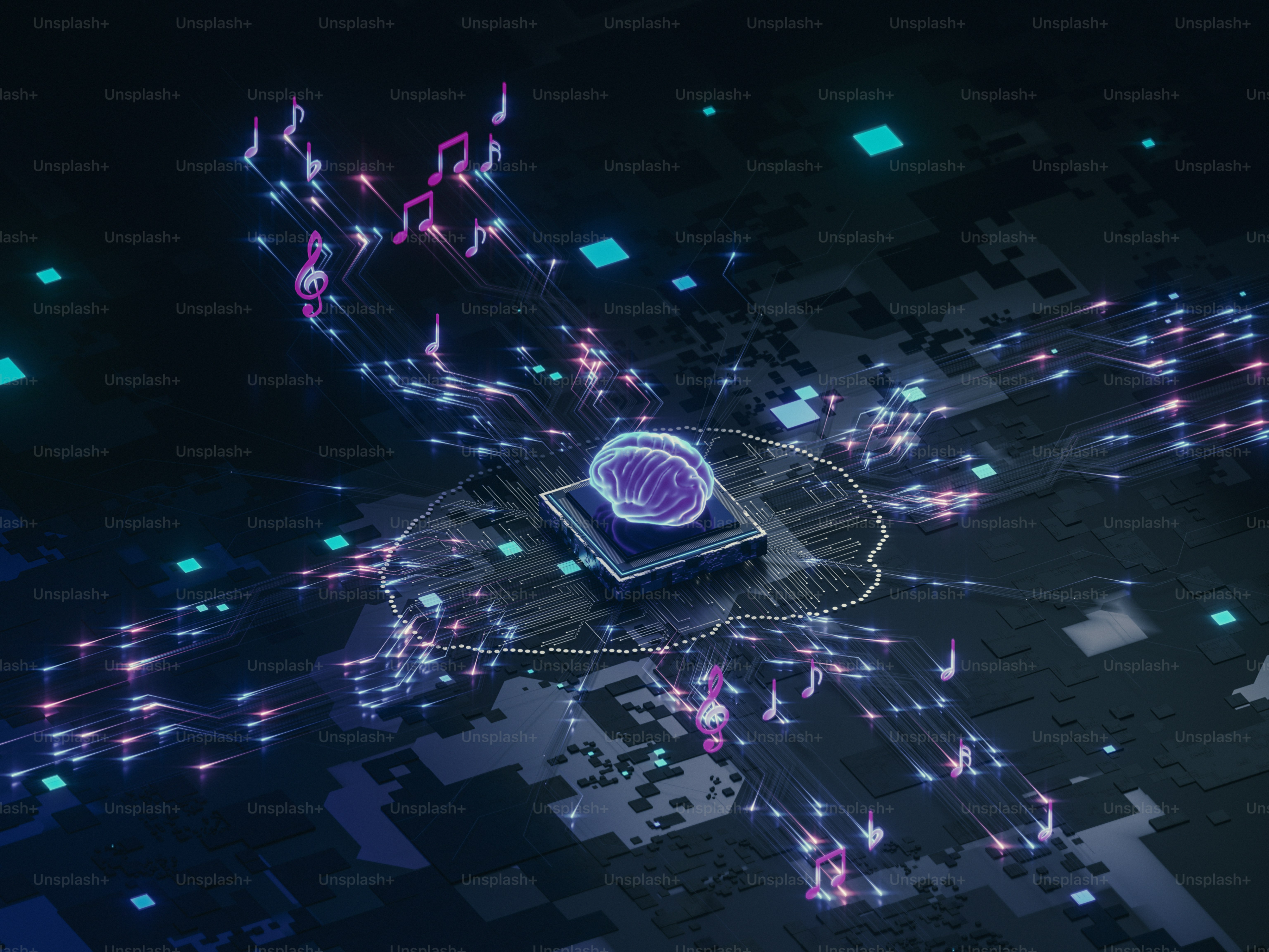 A digital brain on a circuit board emitting musical notes