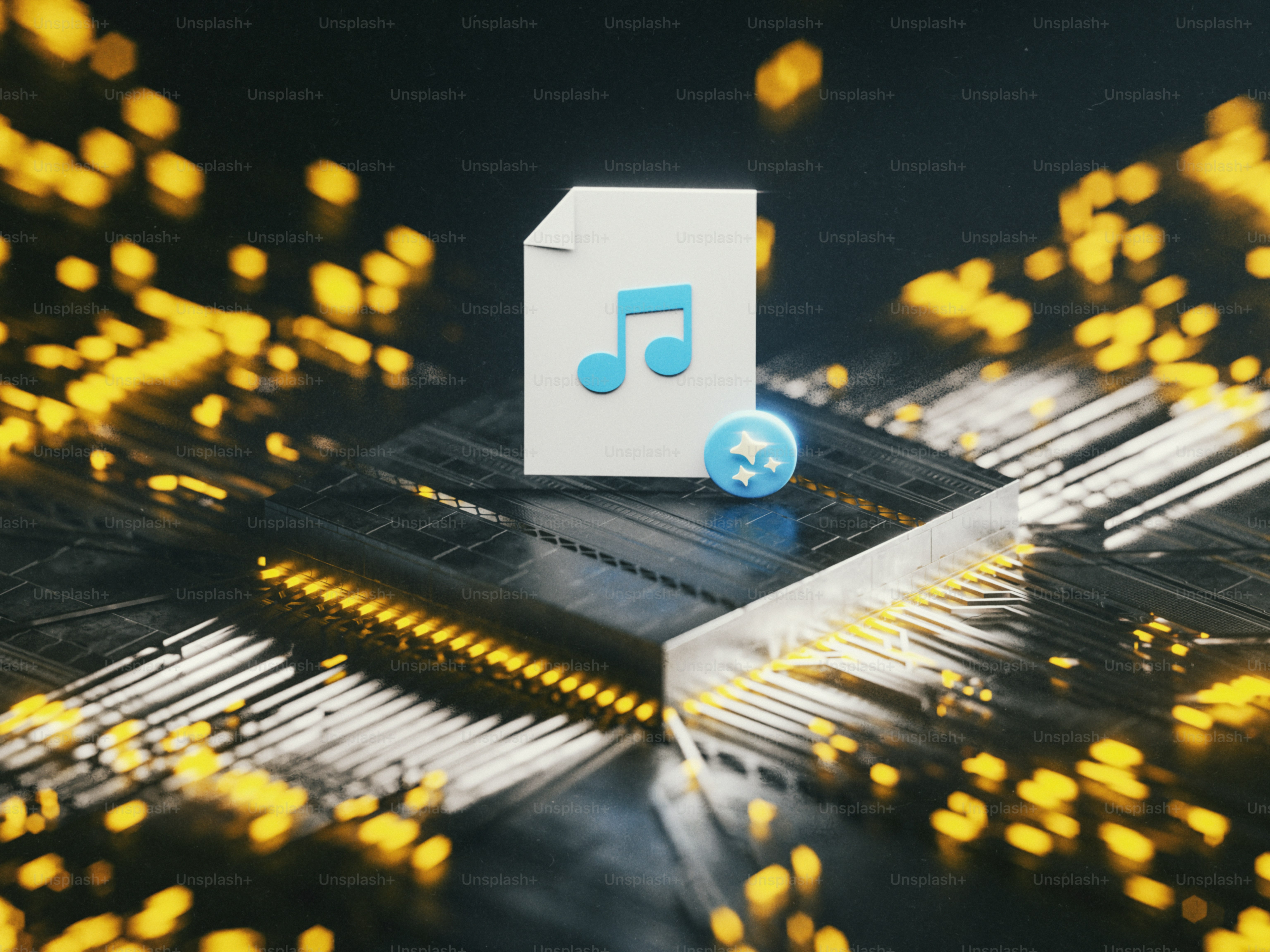 Ikon file musik 3D pada papan sirkuit yang bercahaya.