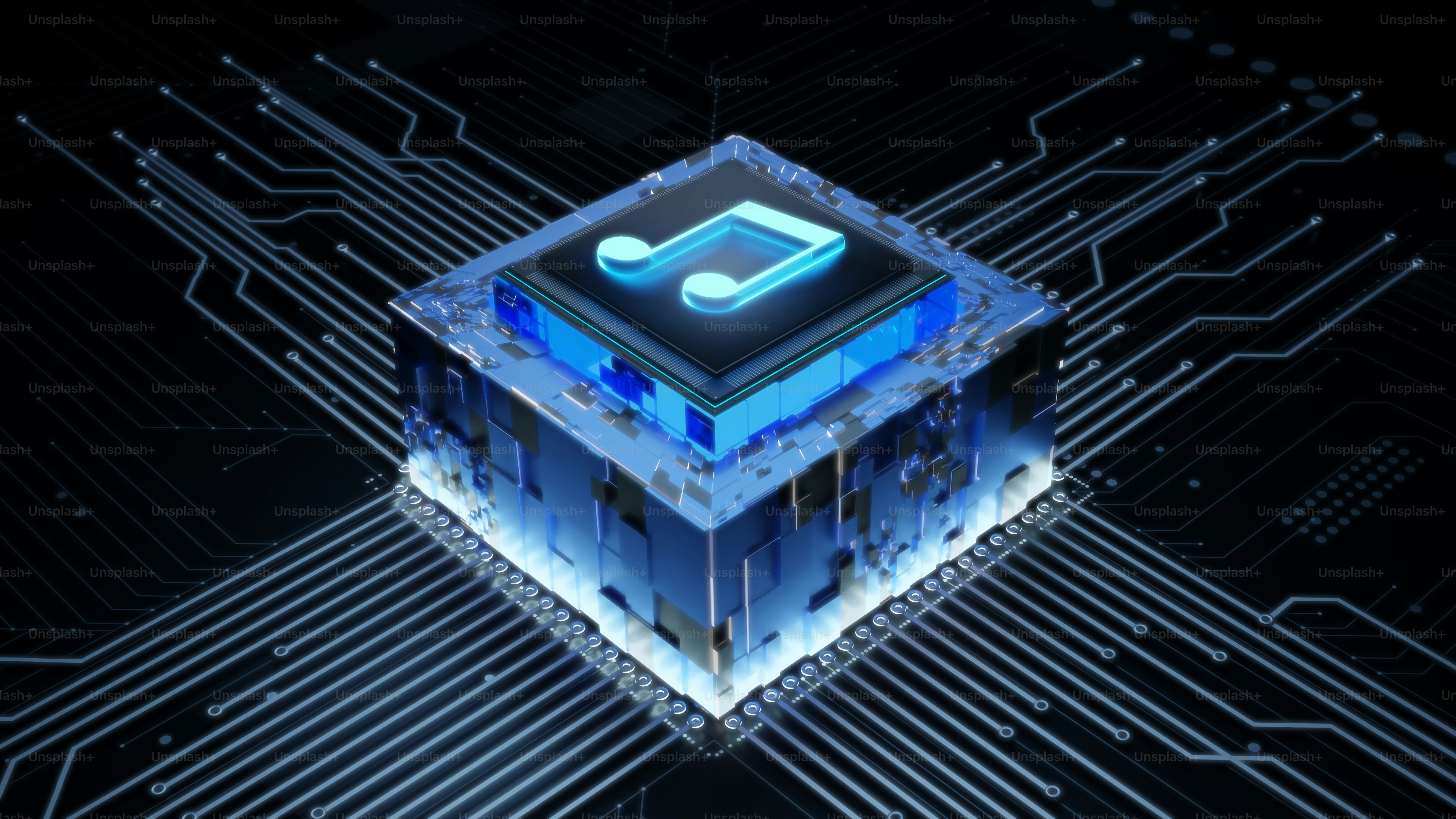 Chip futuristik dengan nada musik pada papan sirkuit bercahaya.