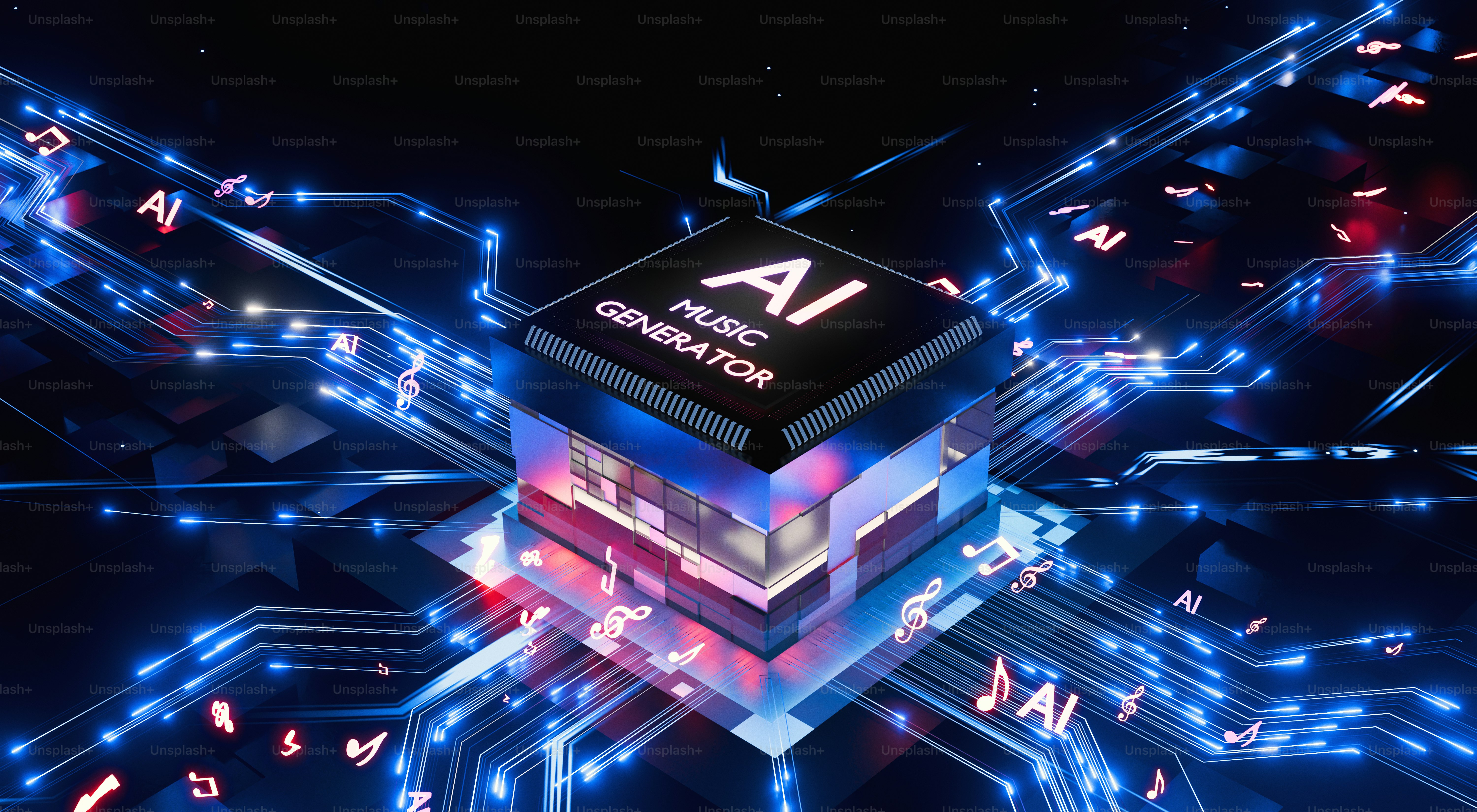 Ai music generator chip on a glowing digital circuit board. photo ...