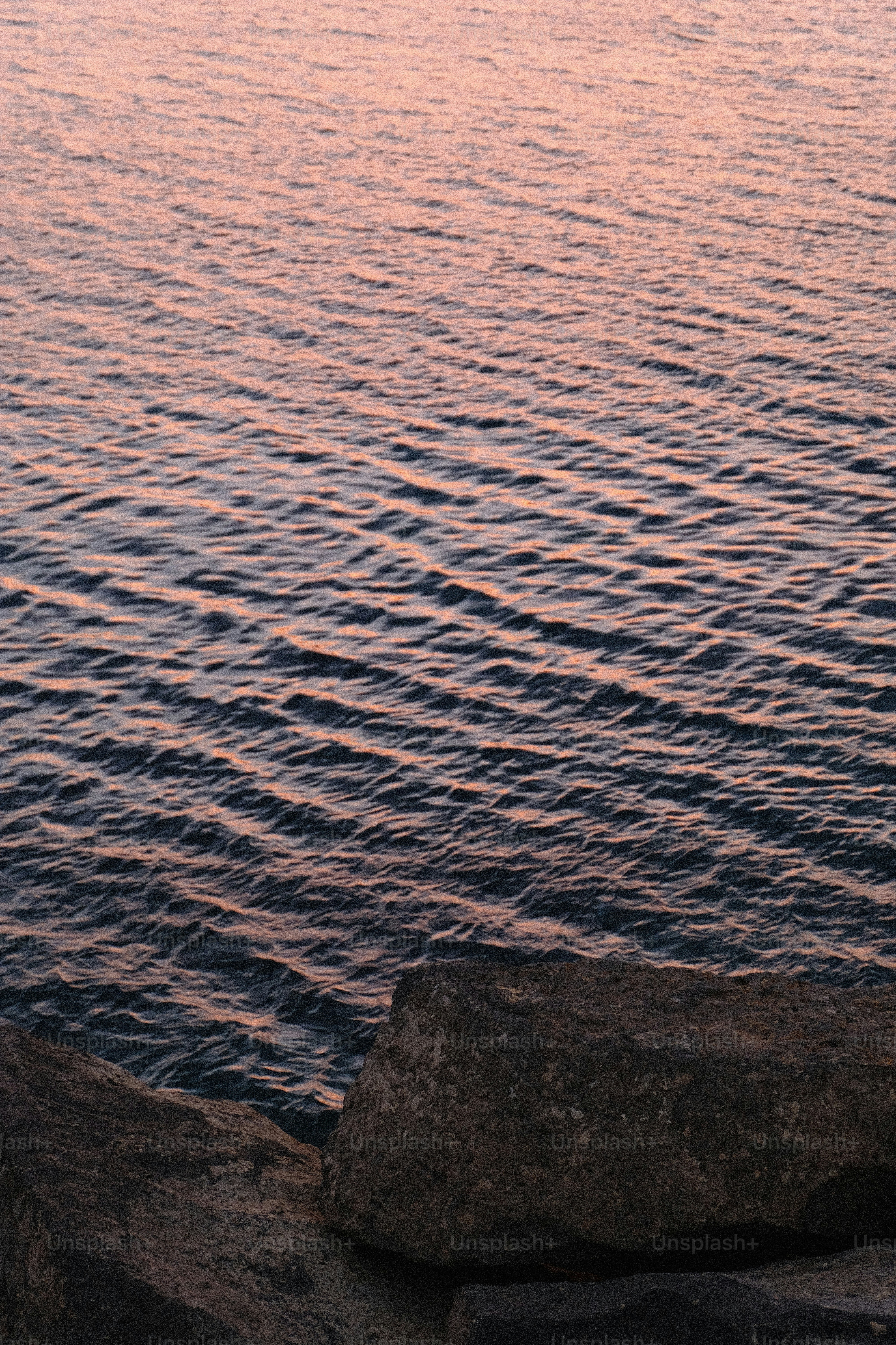 Agua tranquila con reflejos rosados de atardecer y rocas oscuras.
