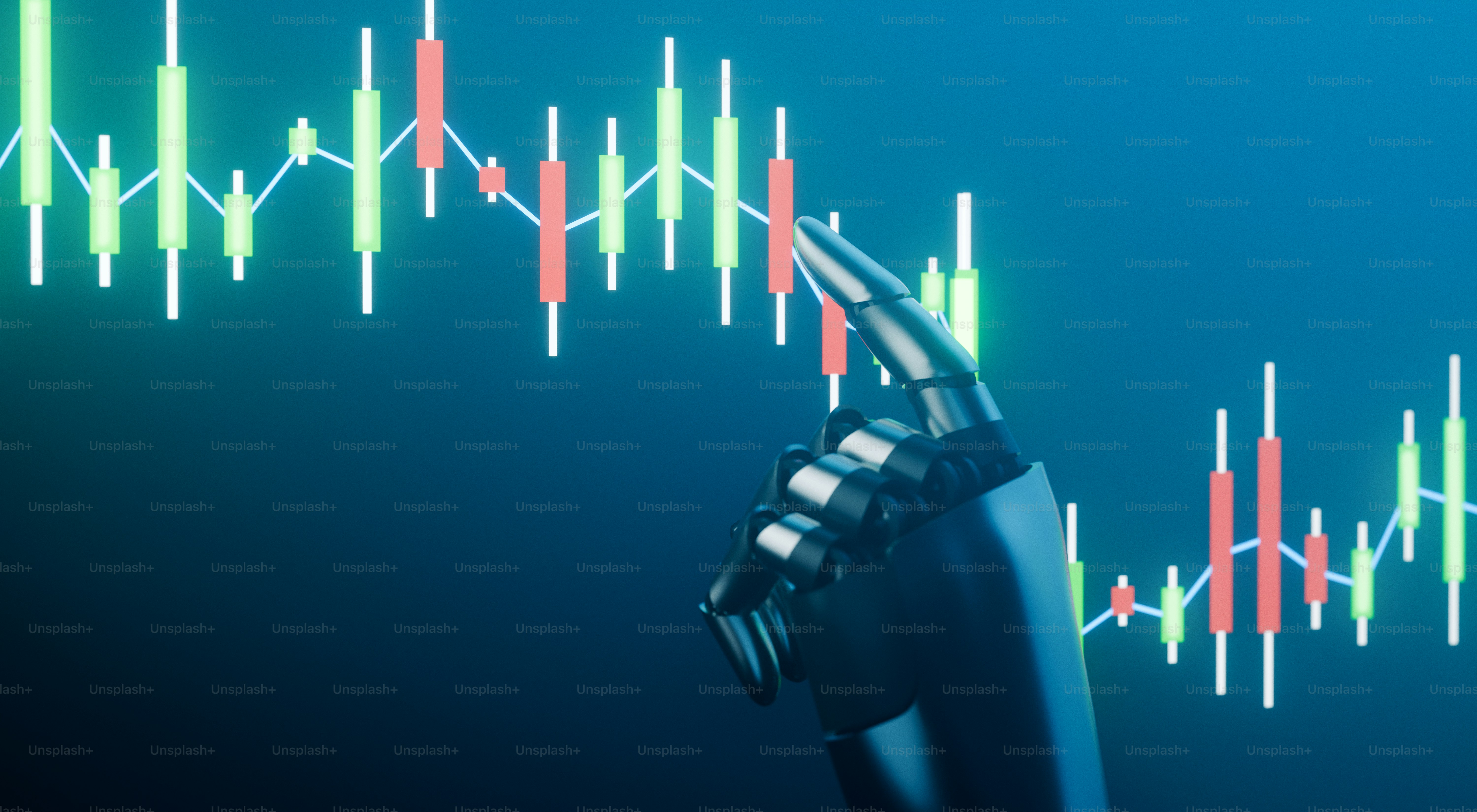 Tangan Ai menyentuh grafik candlestick keuangan yang bersinar.
