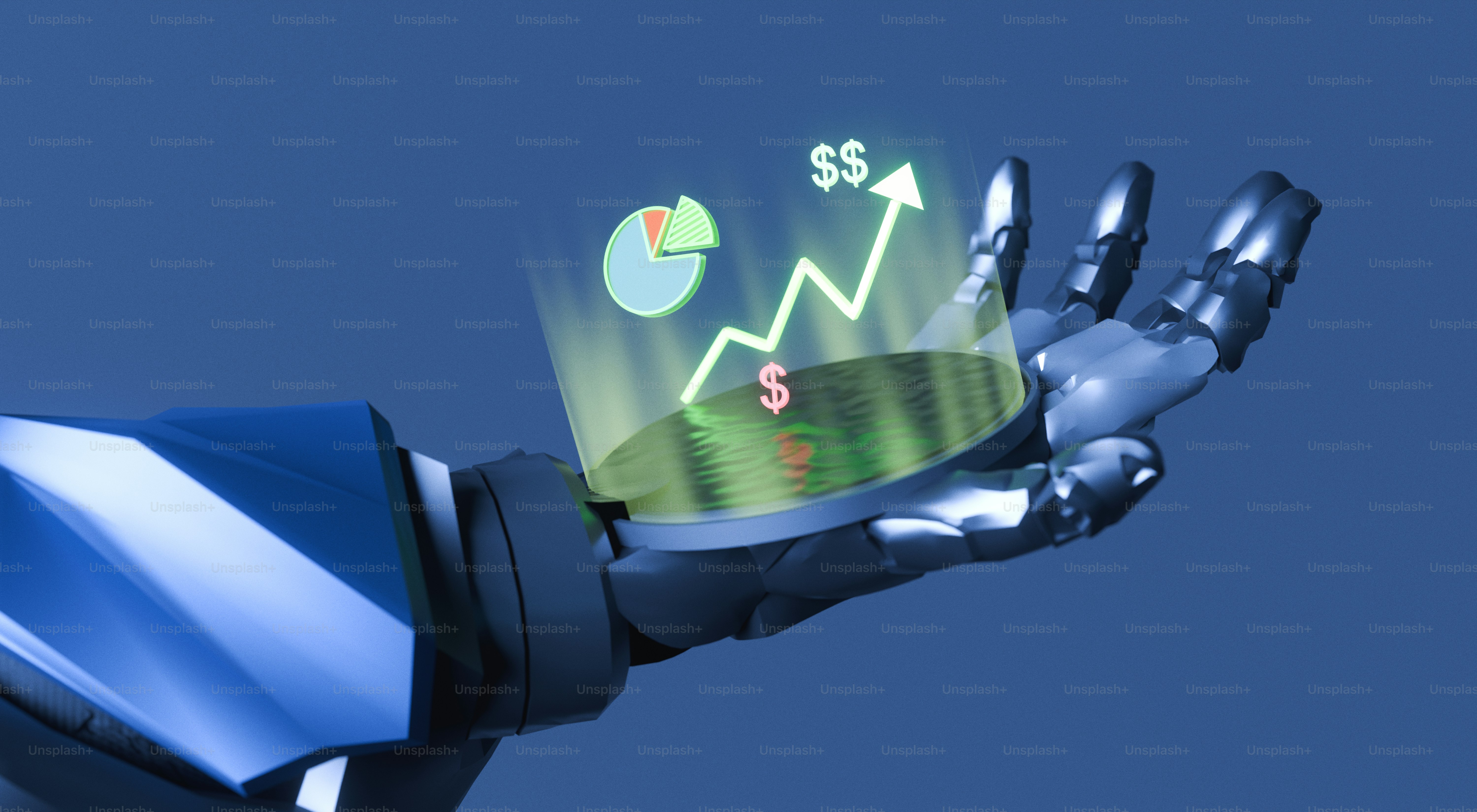 Tangan robot memegang tampilan holografik yang menunjukkan pertumbuhan keuangan.