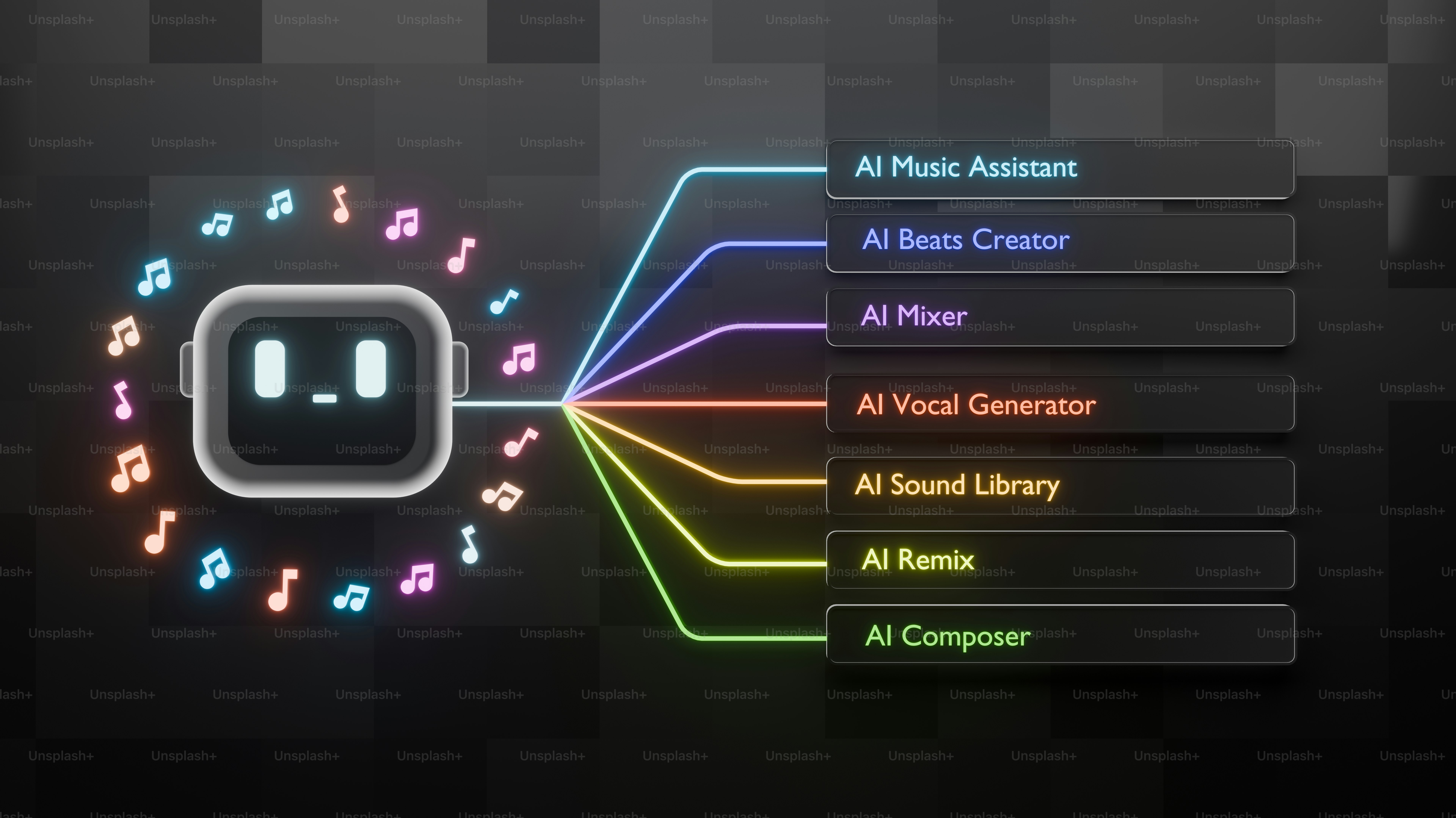 Robot digital terhubung ke asisten dan komposer musik ai.