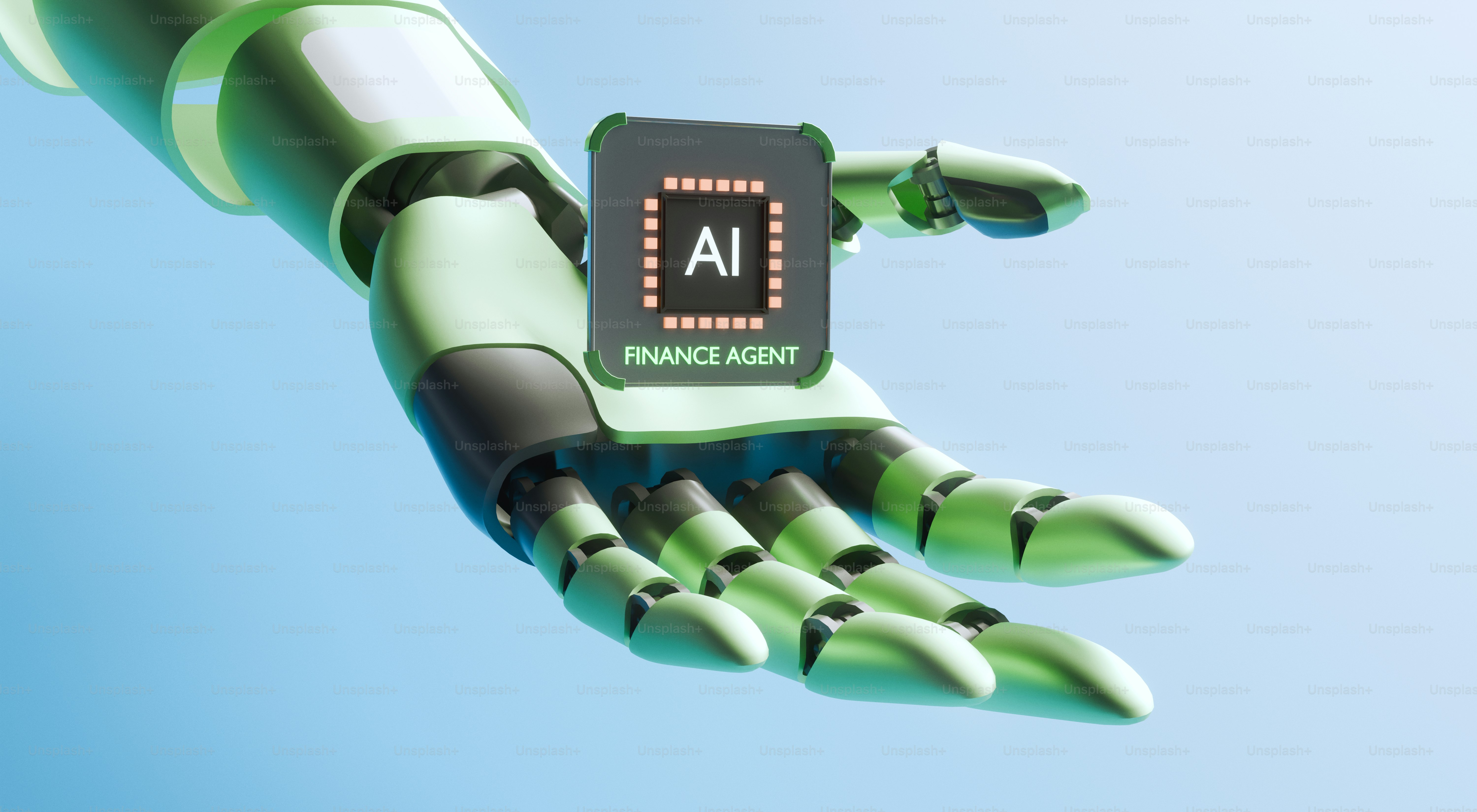 Tangan robot memegang chip agen keuangan ai.