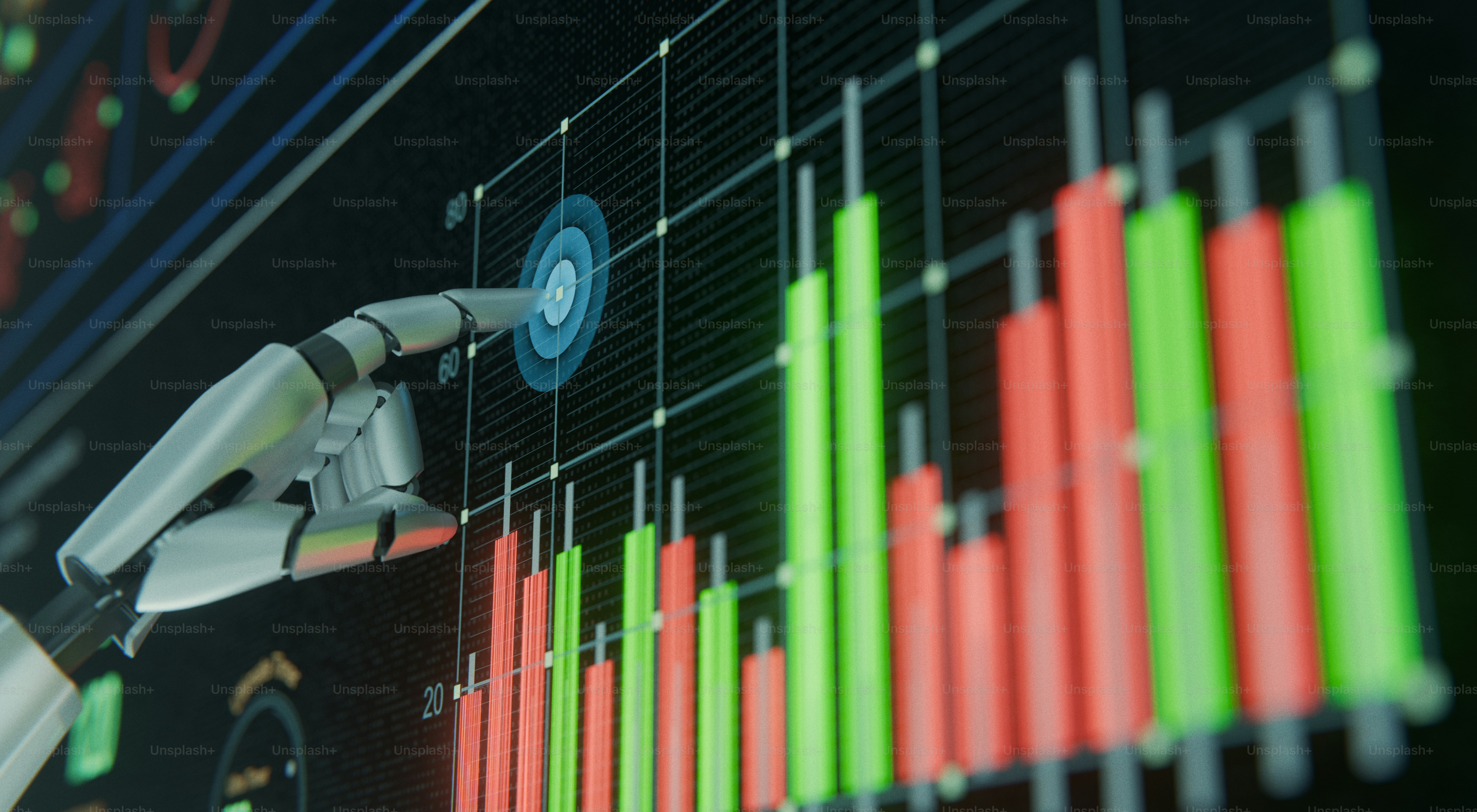Tangan robot berinteraksi dengan tampilan grafik keuangan digital.