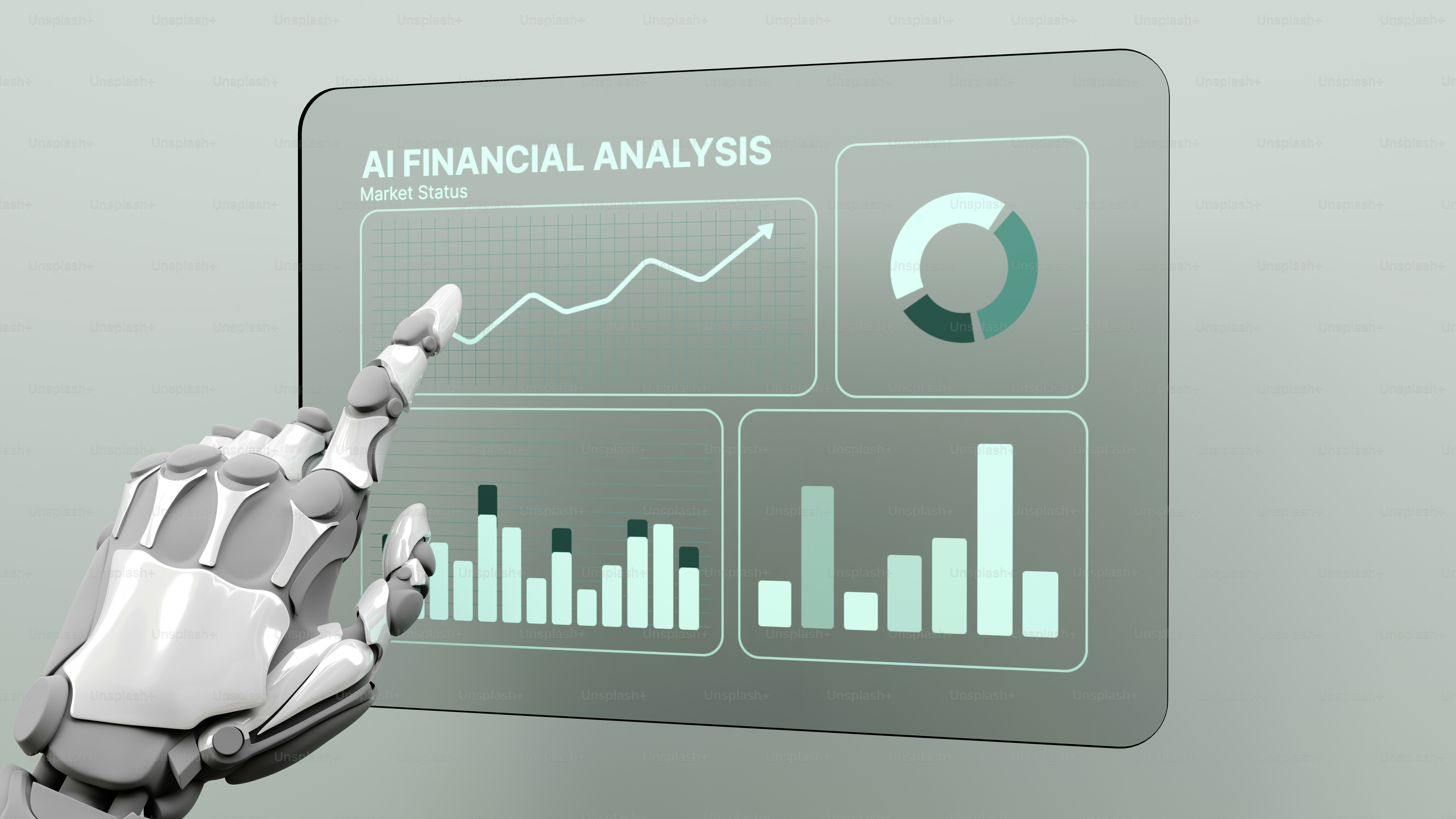 Robot hand interacting with ai financial analysis display.