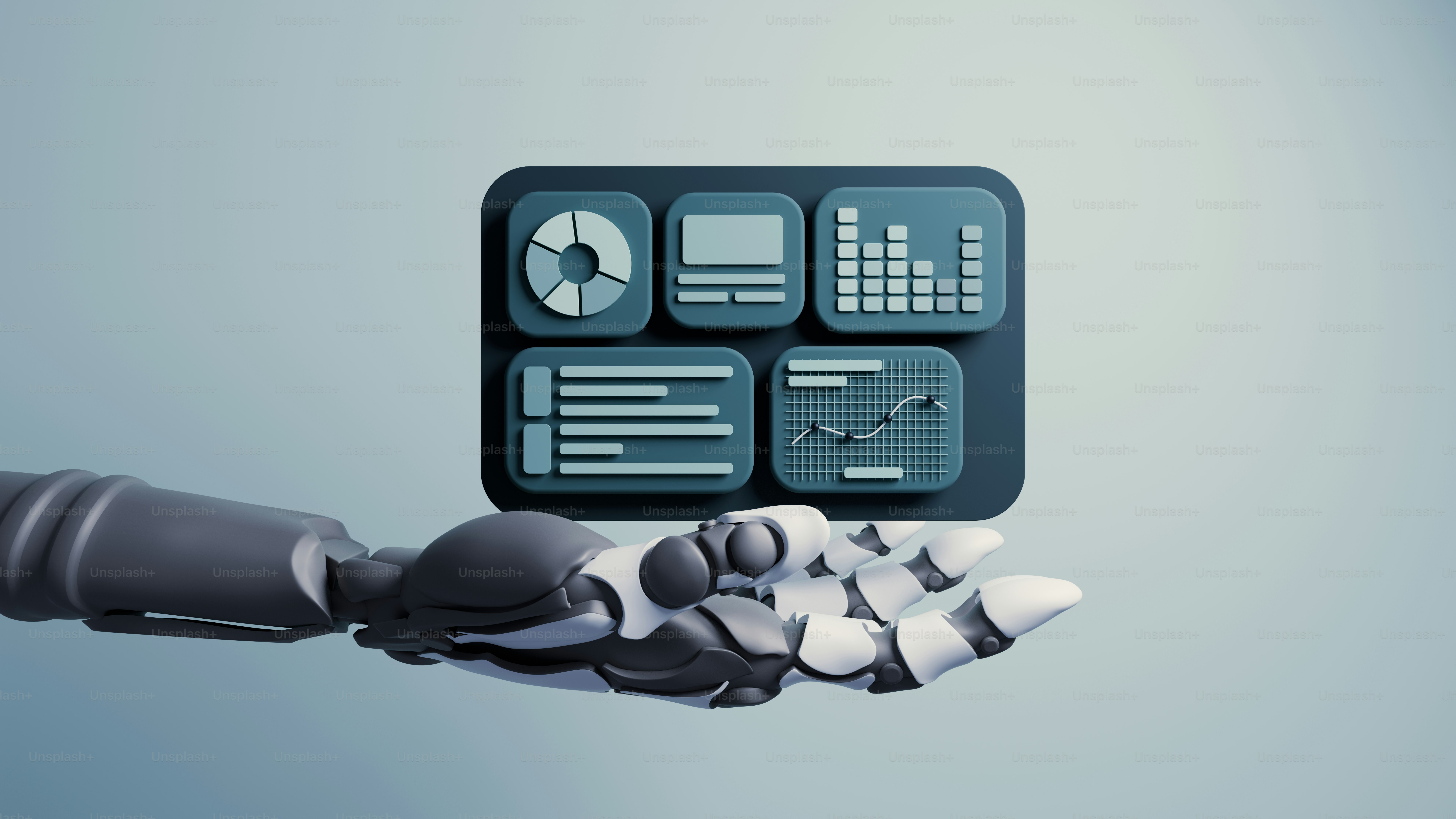 Robotic hand holding a data analytics dashboard with charts.