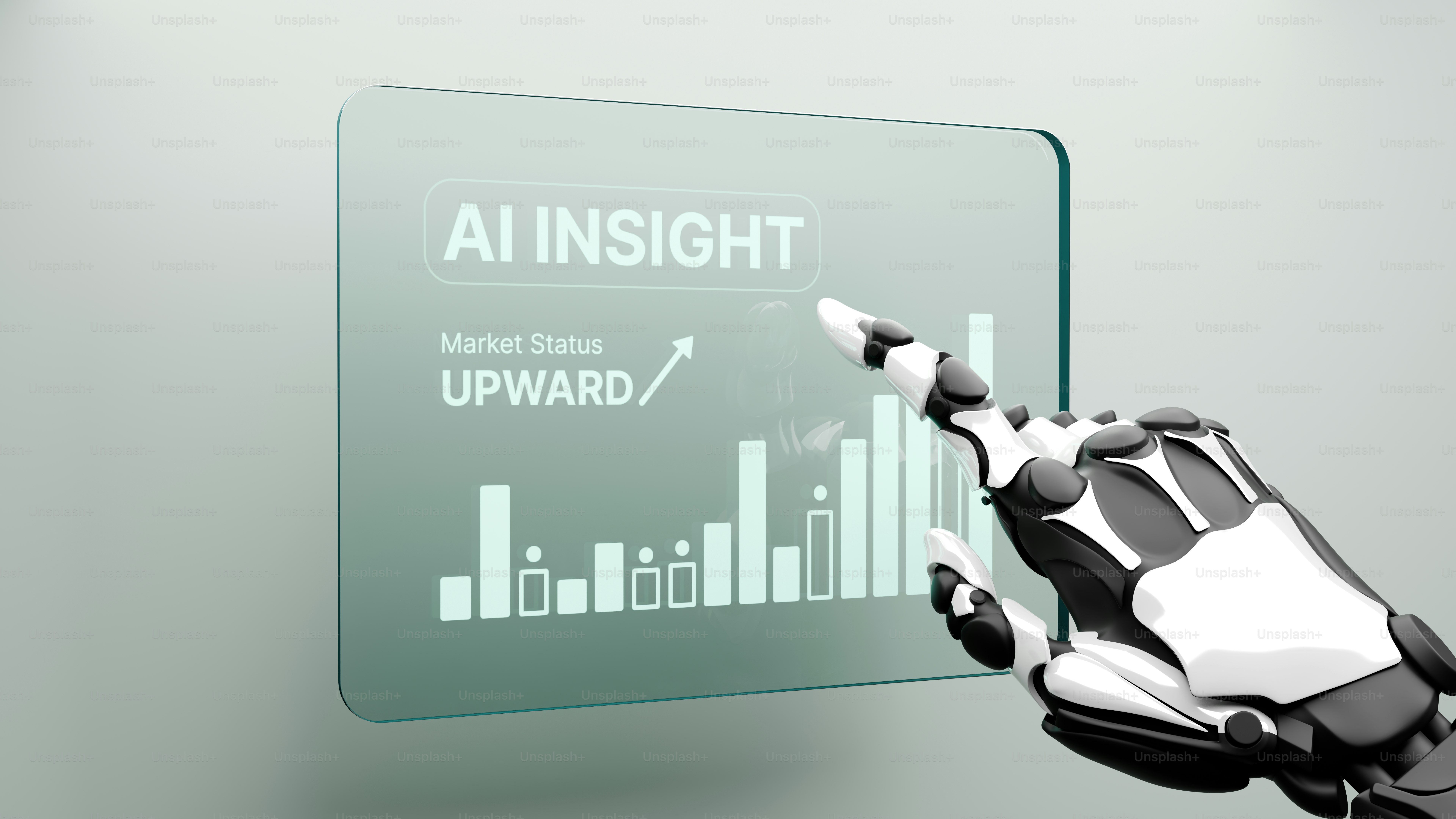 Robotic hand interacting with "ai insight" data on a screen.