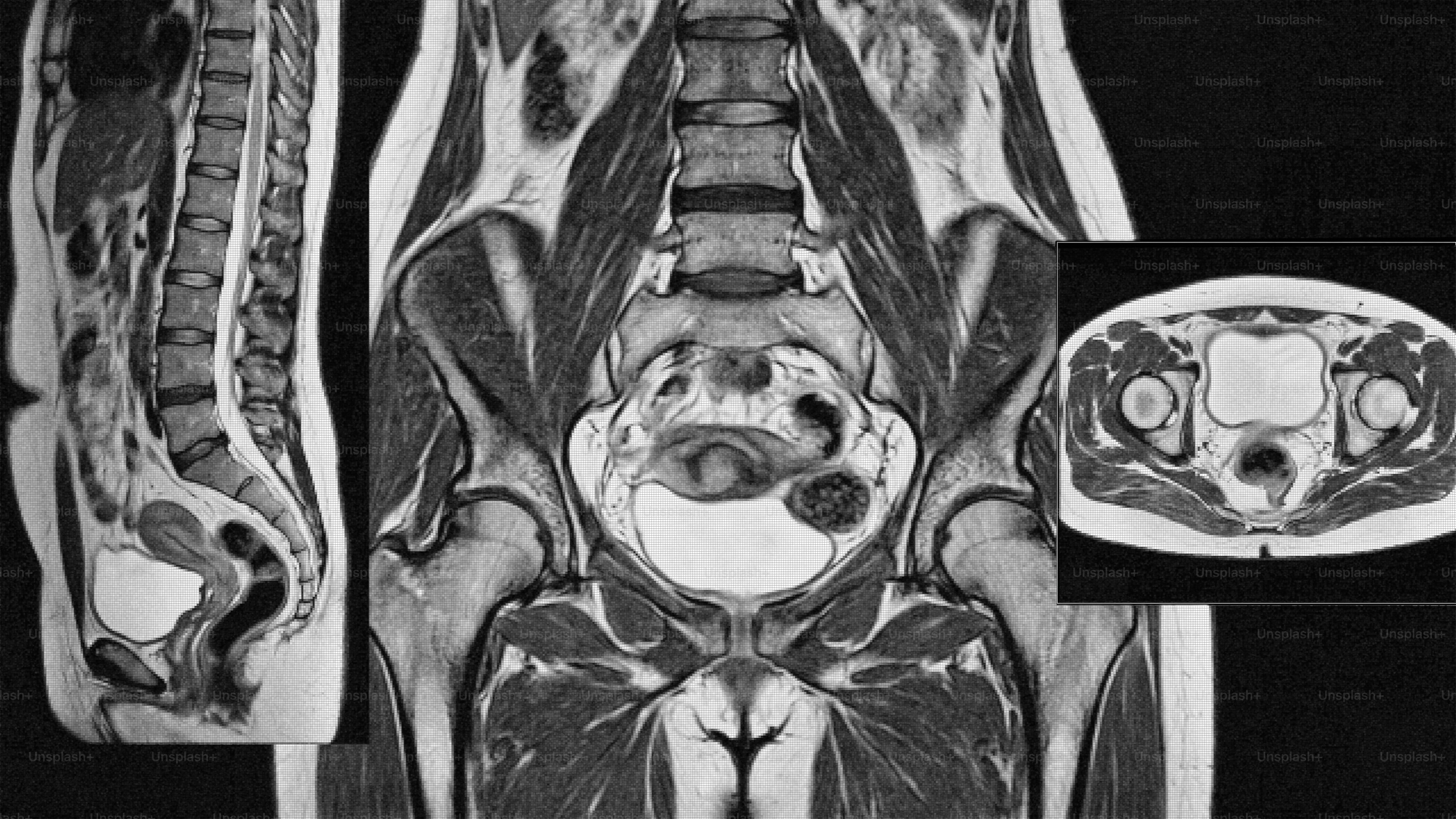 Pemindaian MRI medis panggul manusia dan tulang belakang bagian bawah.
