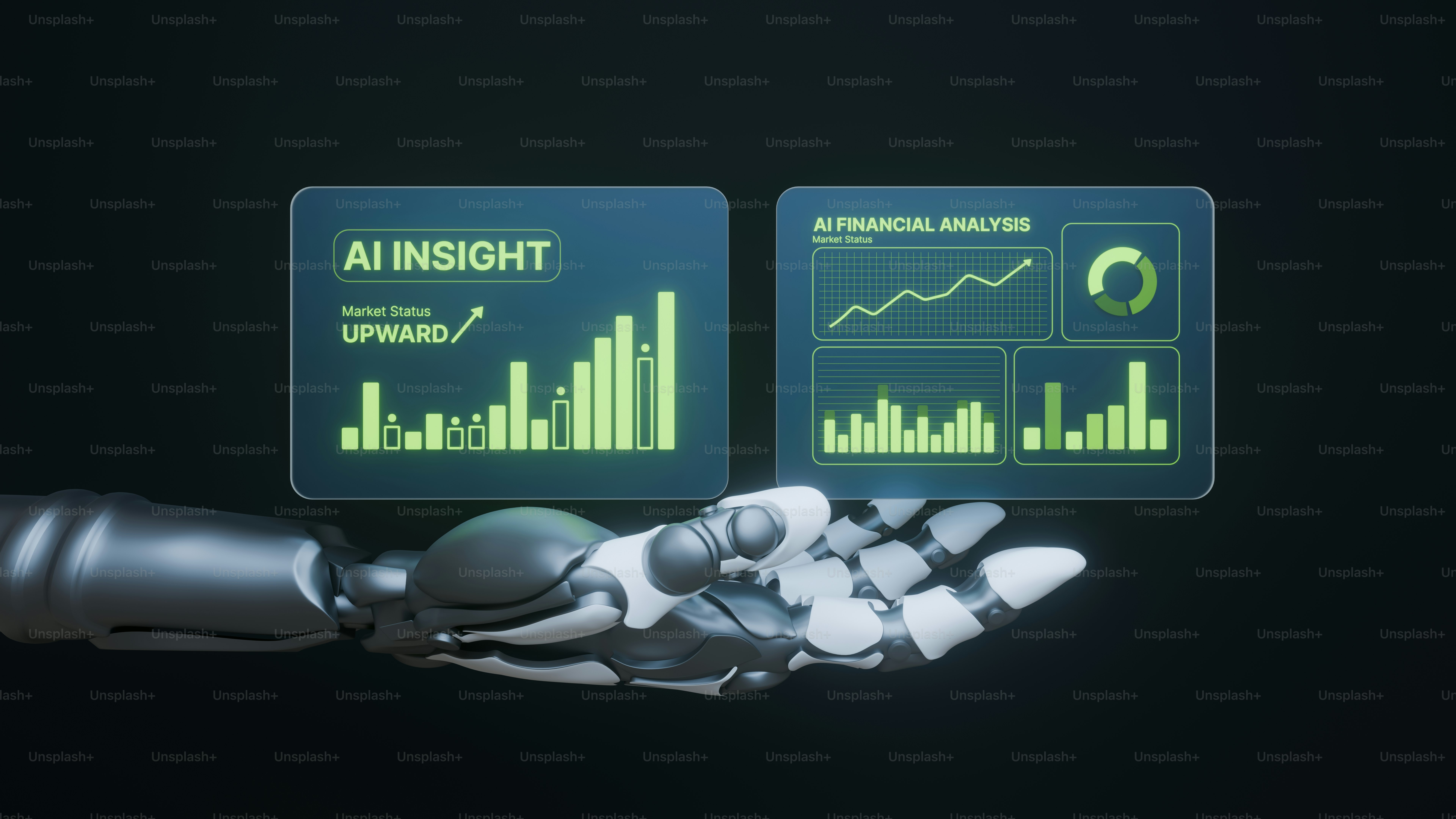 Robotic hand holding screens with ai insight and financial analysis.