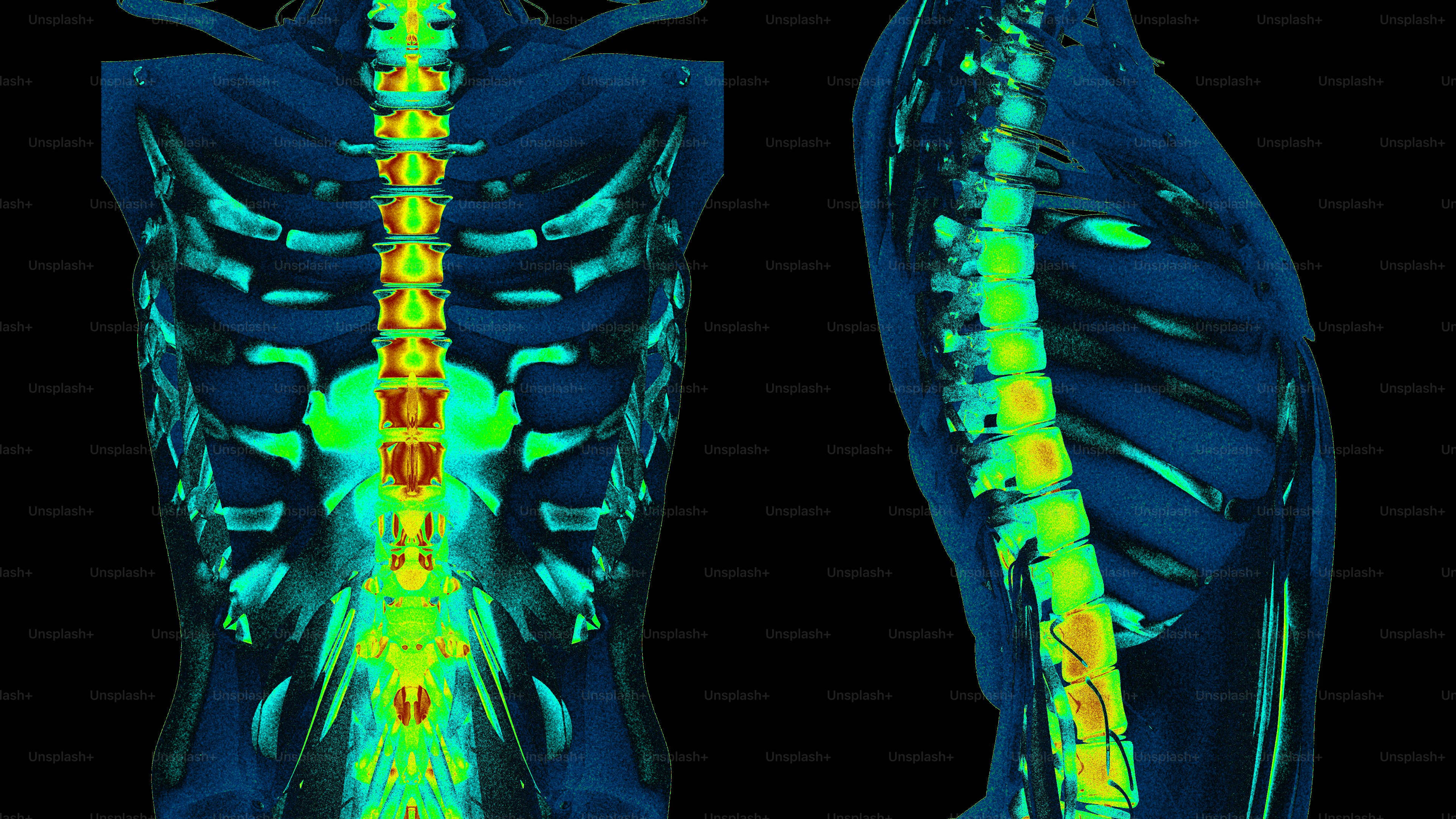 Renderização 3D vibrante do torso e da coluna humana.