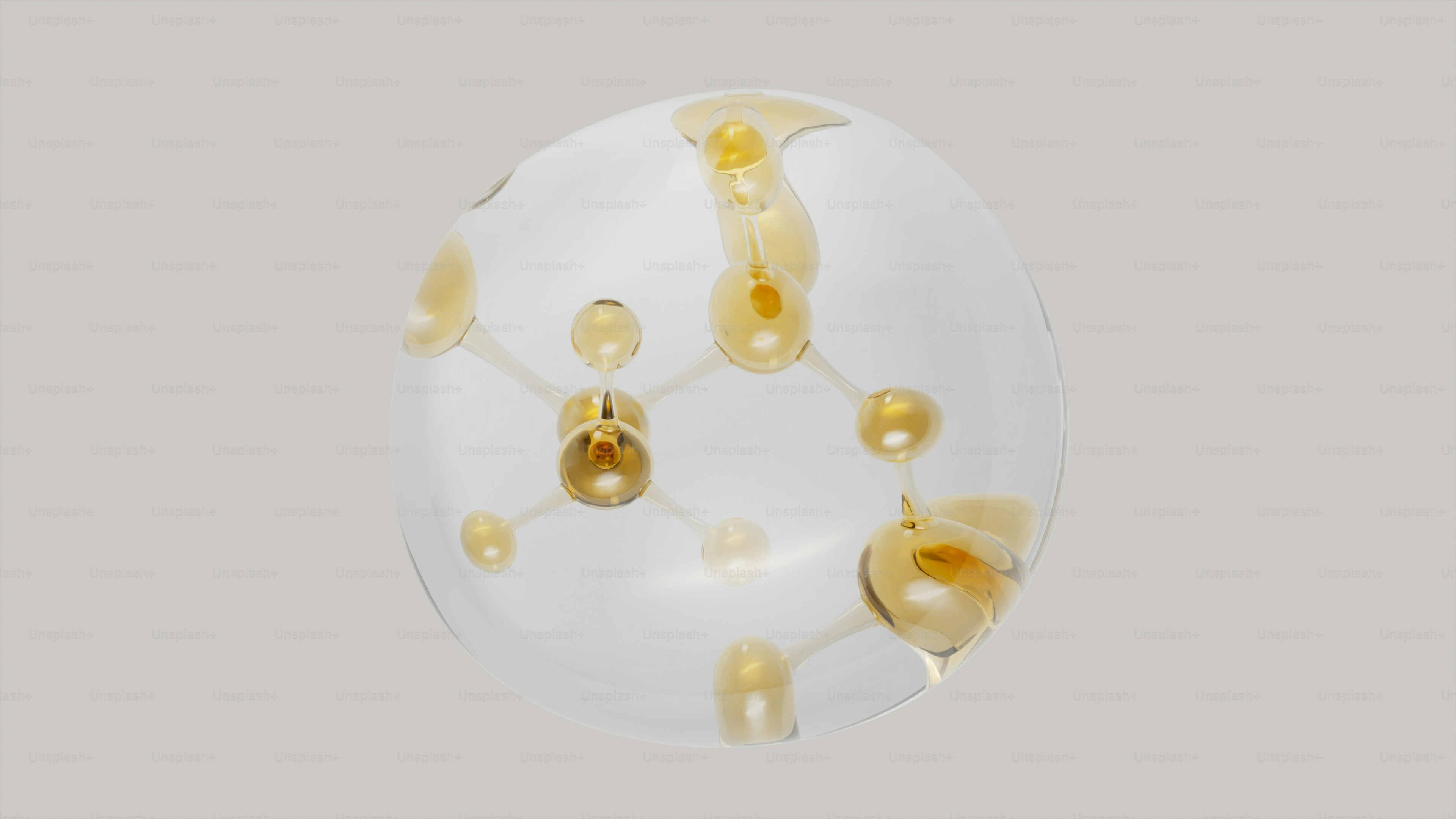 Esfera transparente com estrutura molecular dourada abstrata por dentro.
