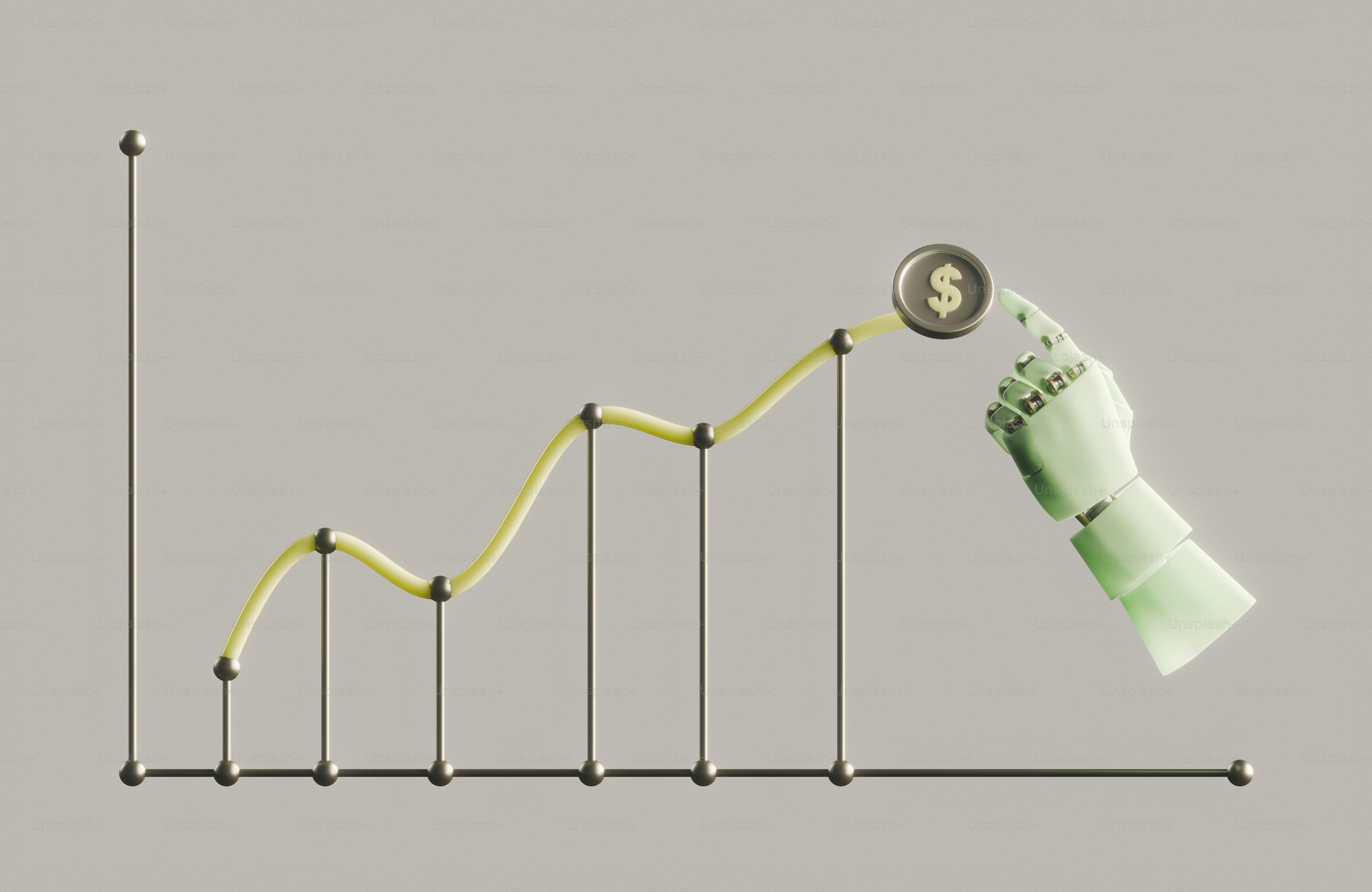 Tangan robot menempatkan koin dolar pada grafik keuangan yang menaik.