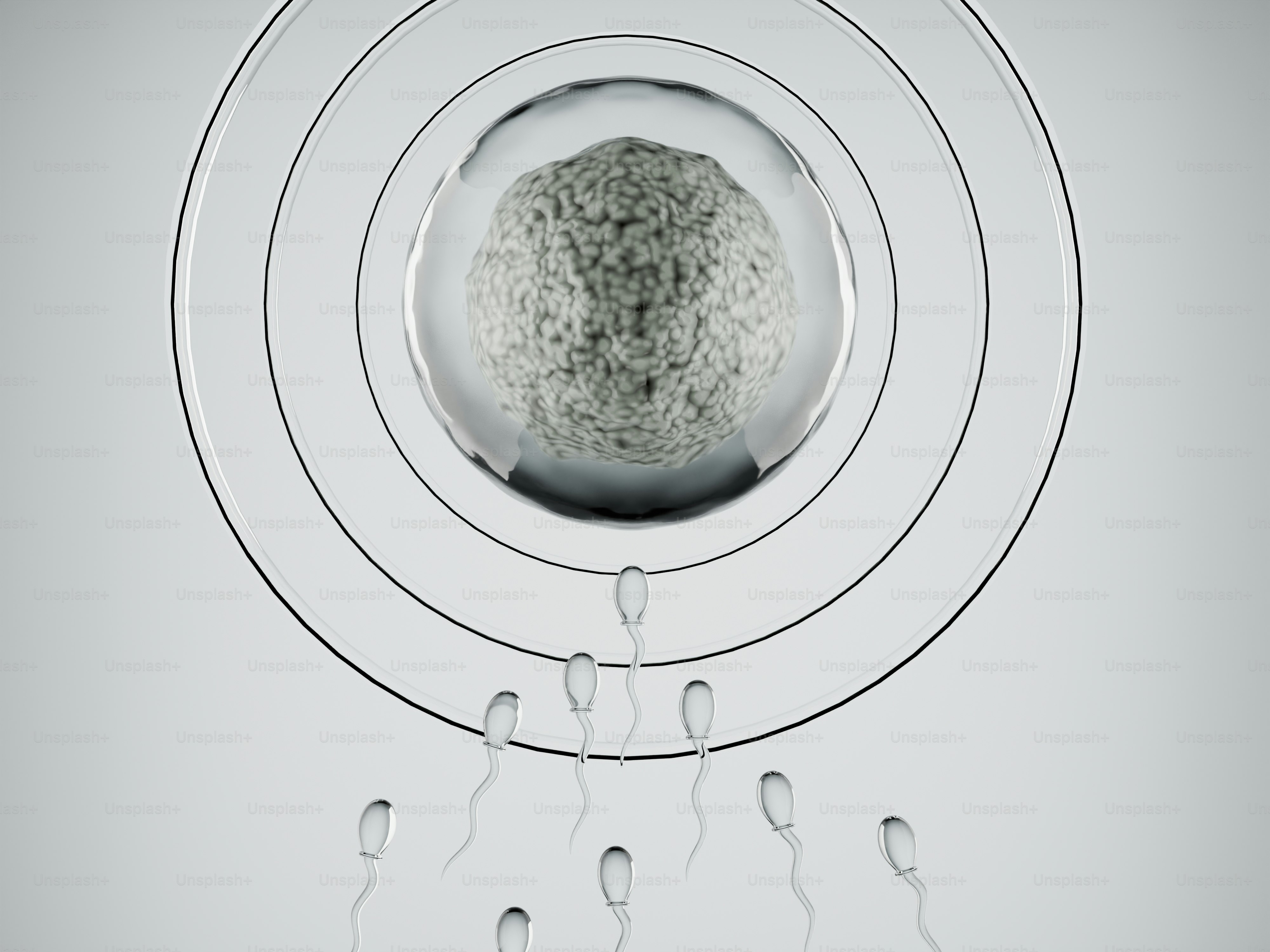 Spermien, die auf eine Eizelle mit konzentrischen Ringen zuschwimmen