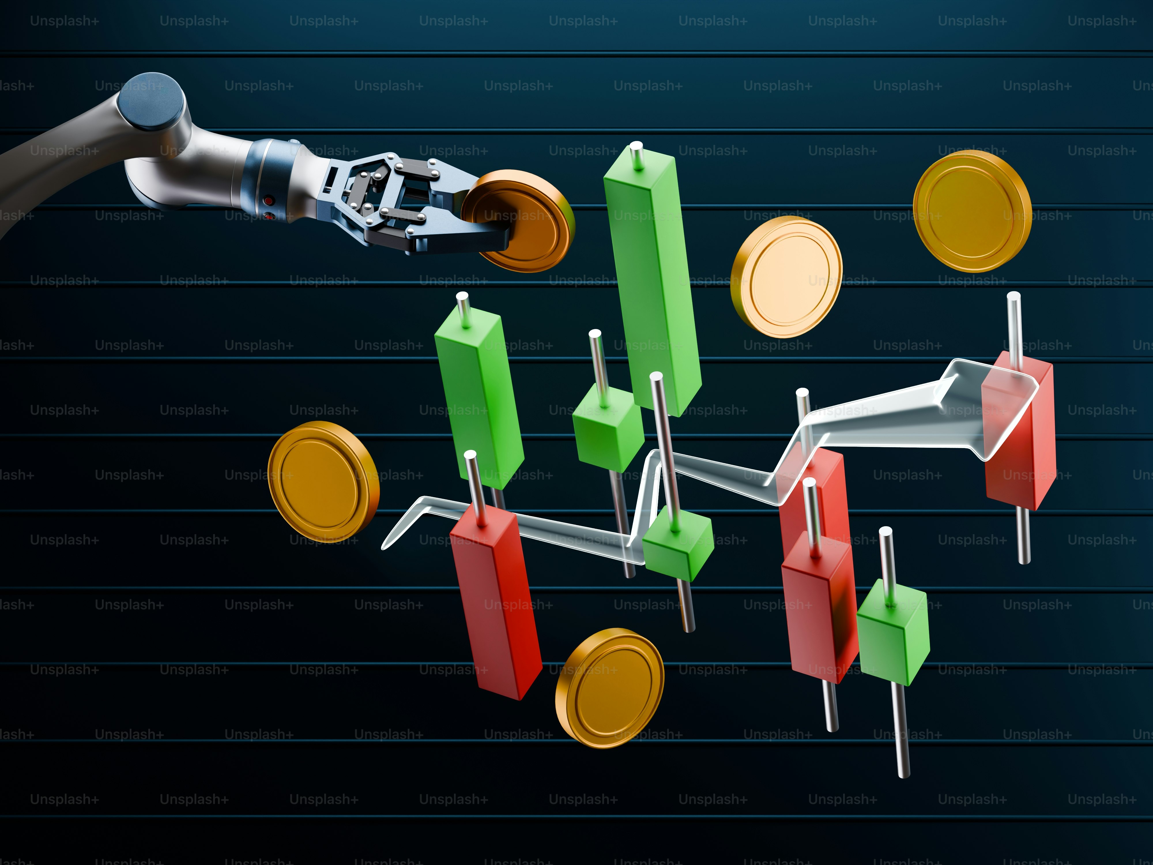 Roboterarm platziert eine Goldmünze auf dem Aktienmarktdiagramm
