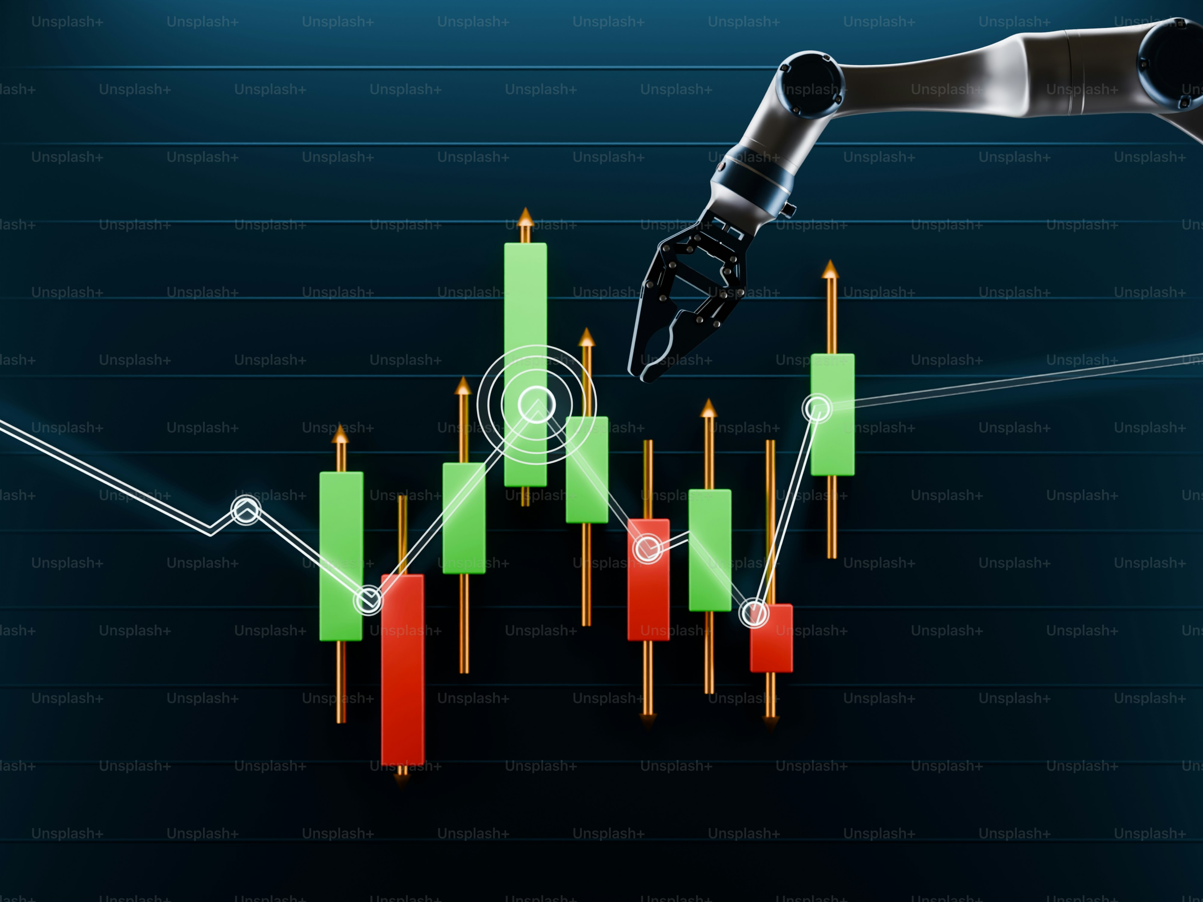 Roboterarm, der mit einem Kerzen-Diagramm am Aktienmarkt interagiert