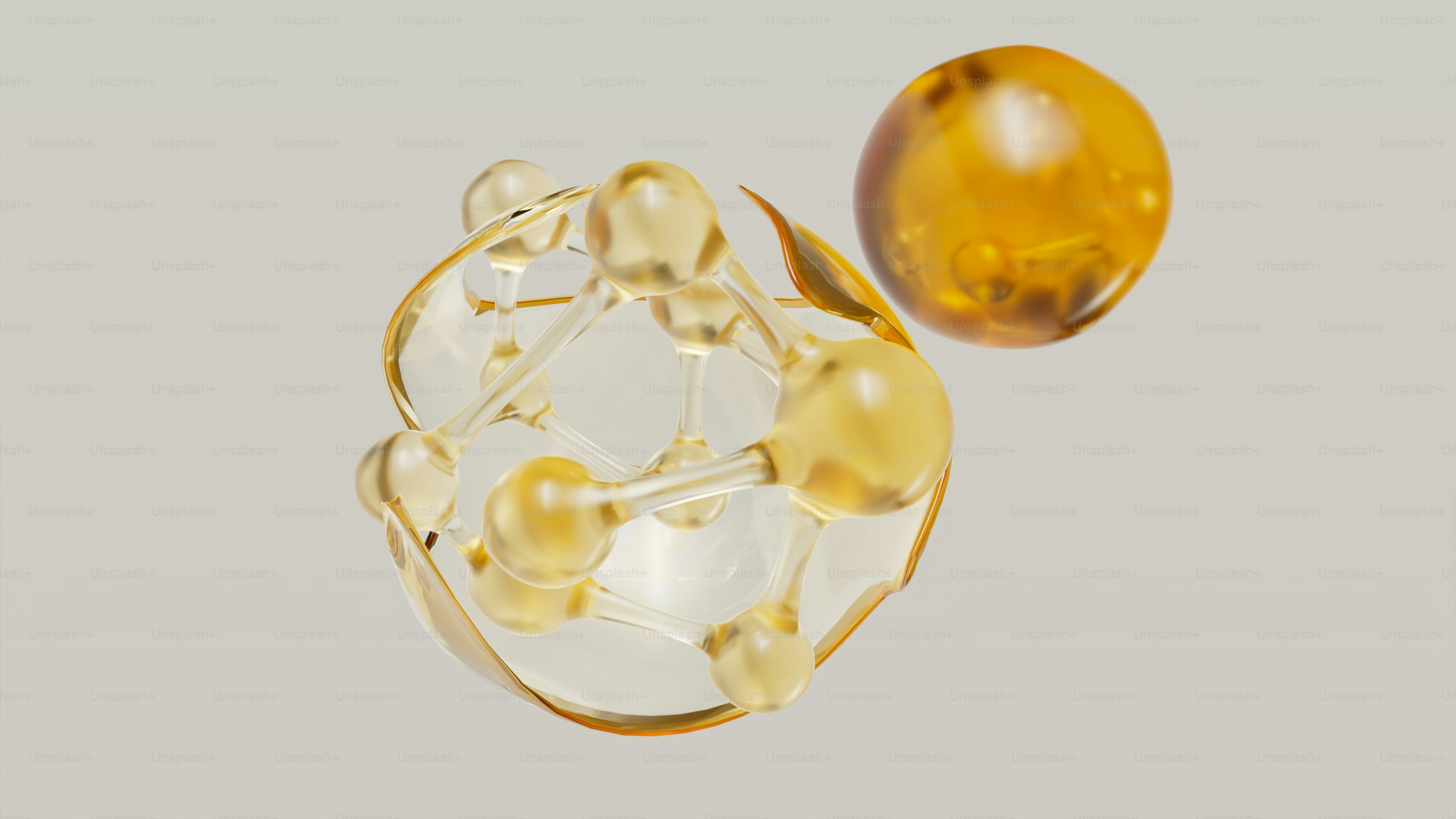 Molécula e esfera líquida dourada abstrata.