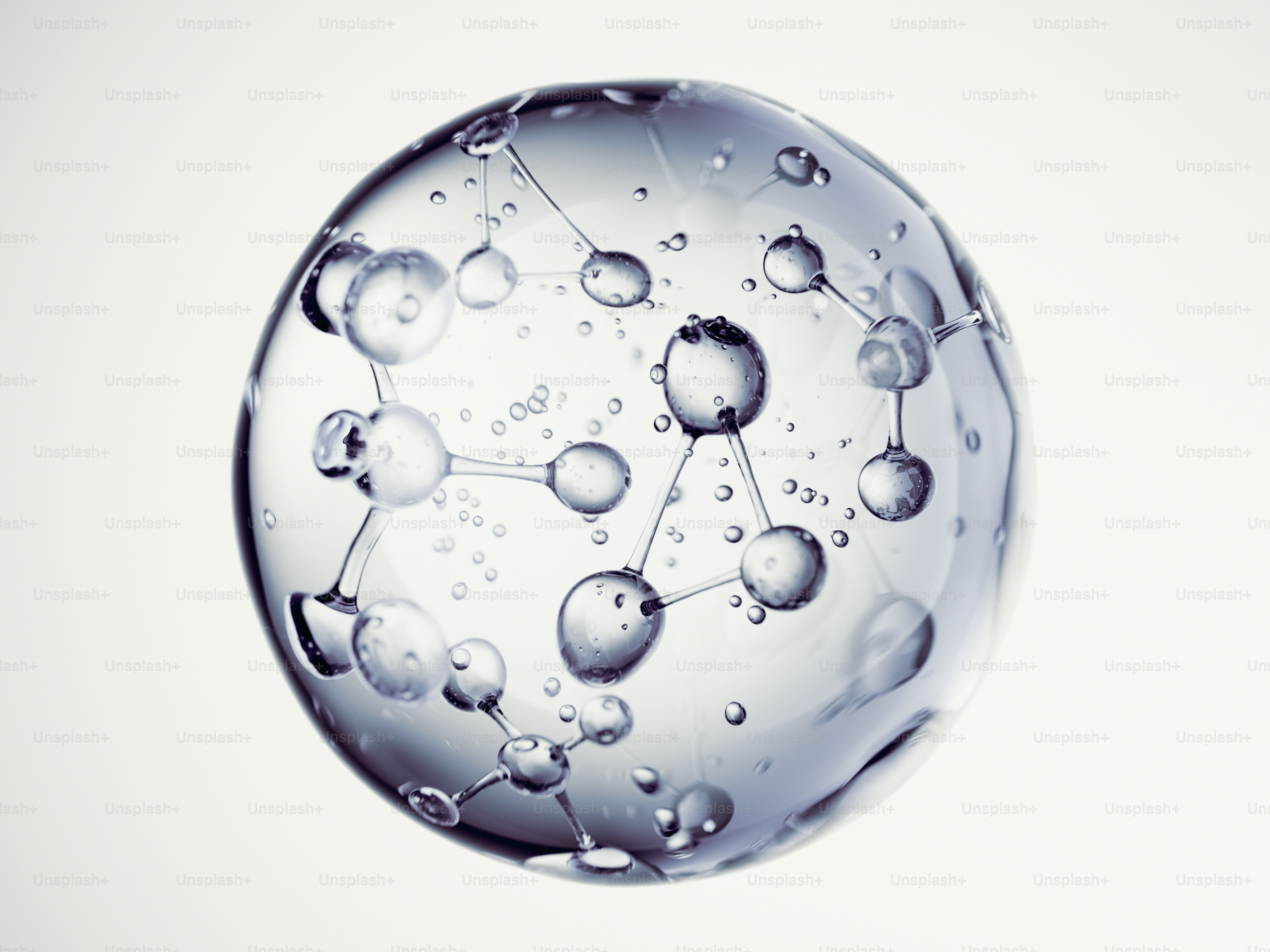 Abstract molecular structure within a clear sphere.