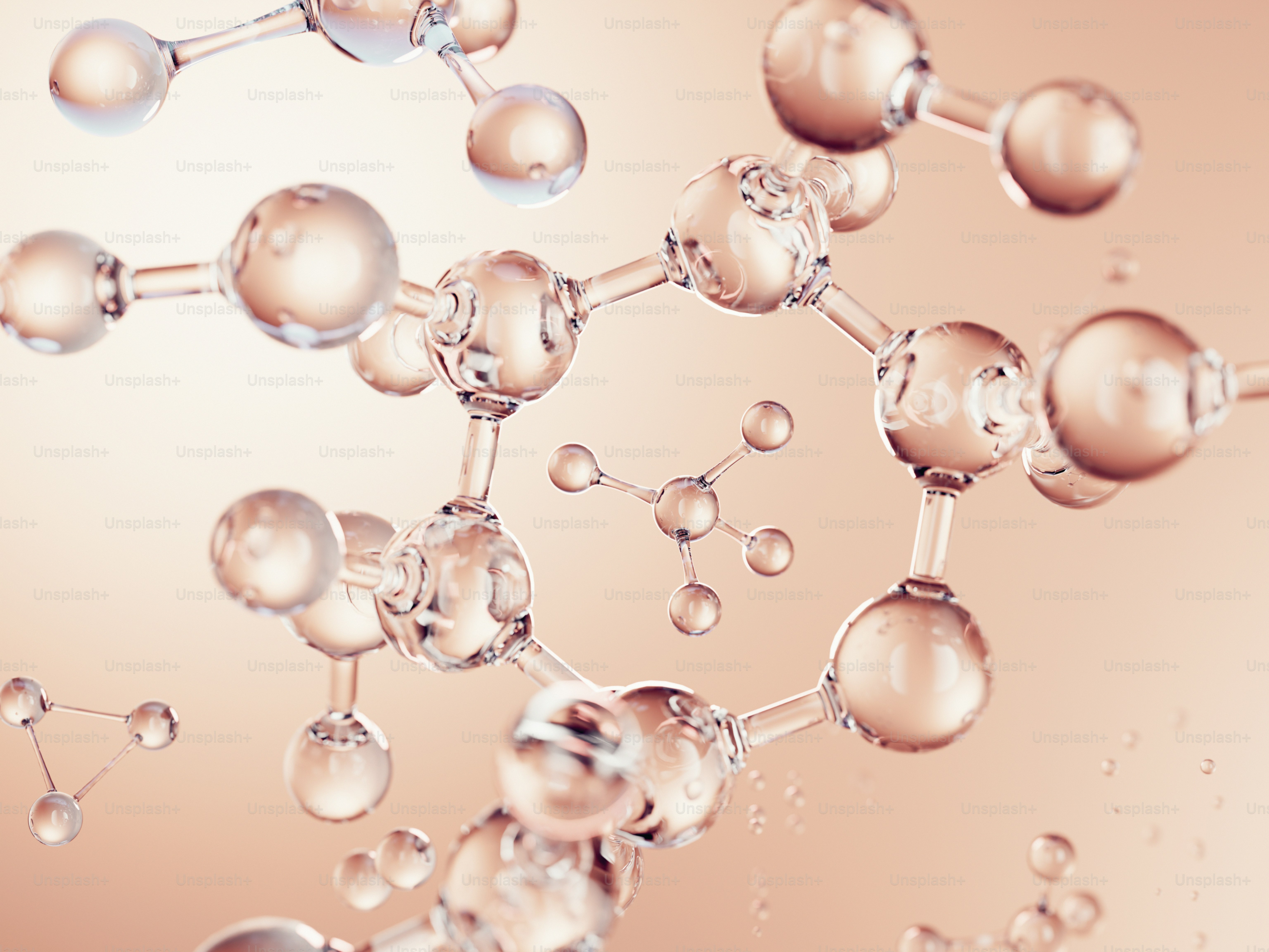 Clear molecular structures floating in a light pink background.
