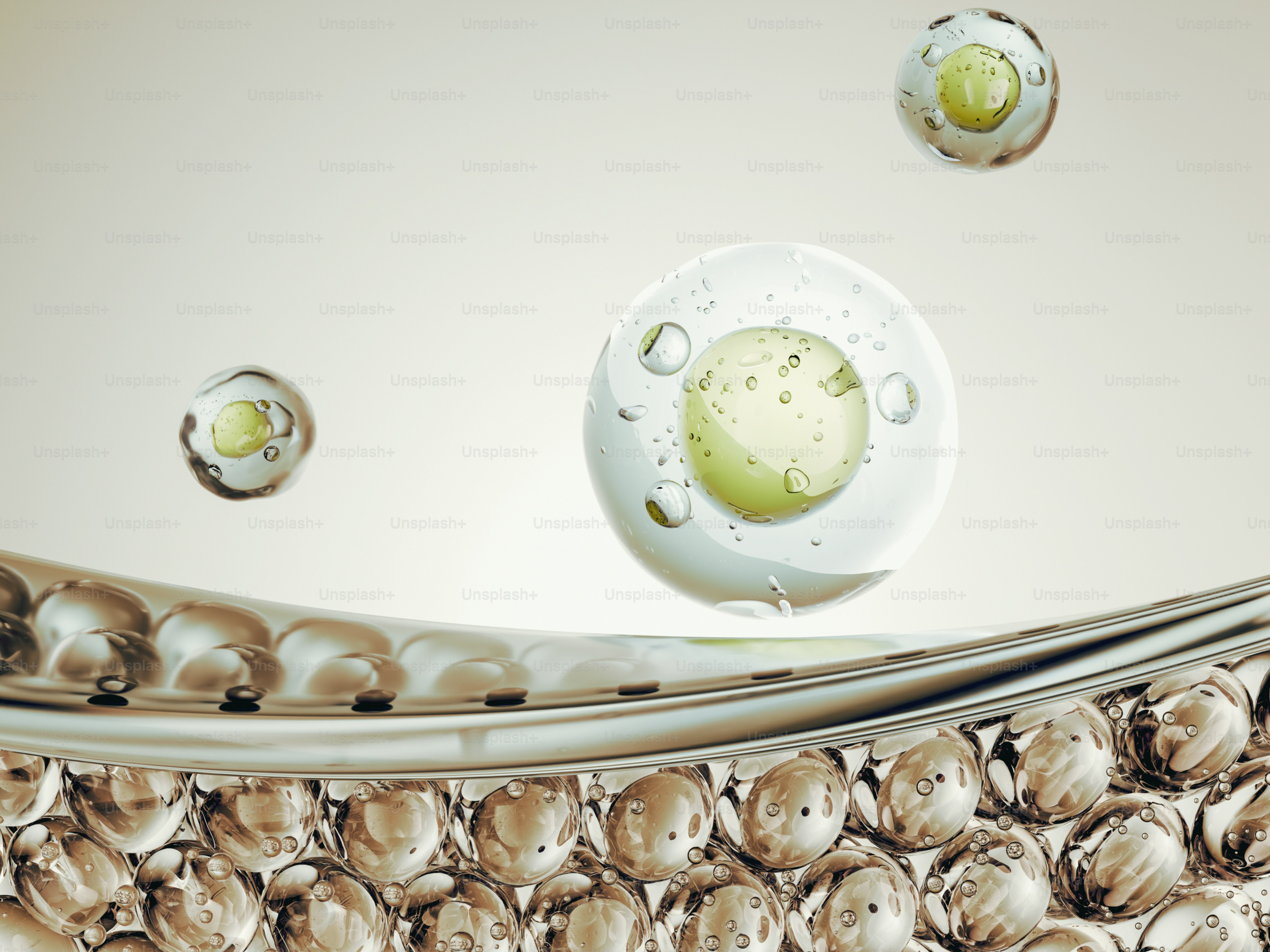 Layered surface with spheres and floating translucent green bubbles.