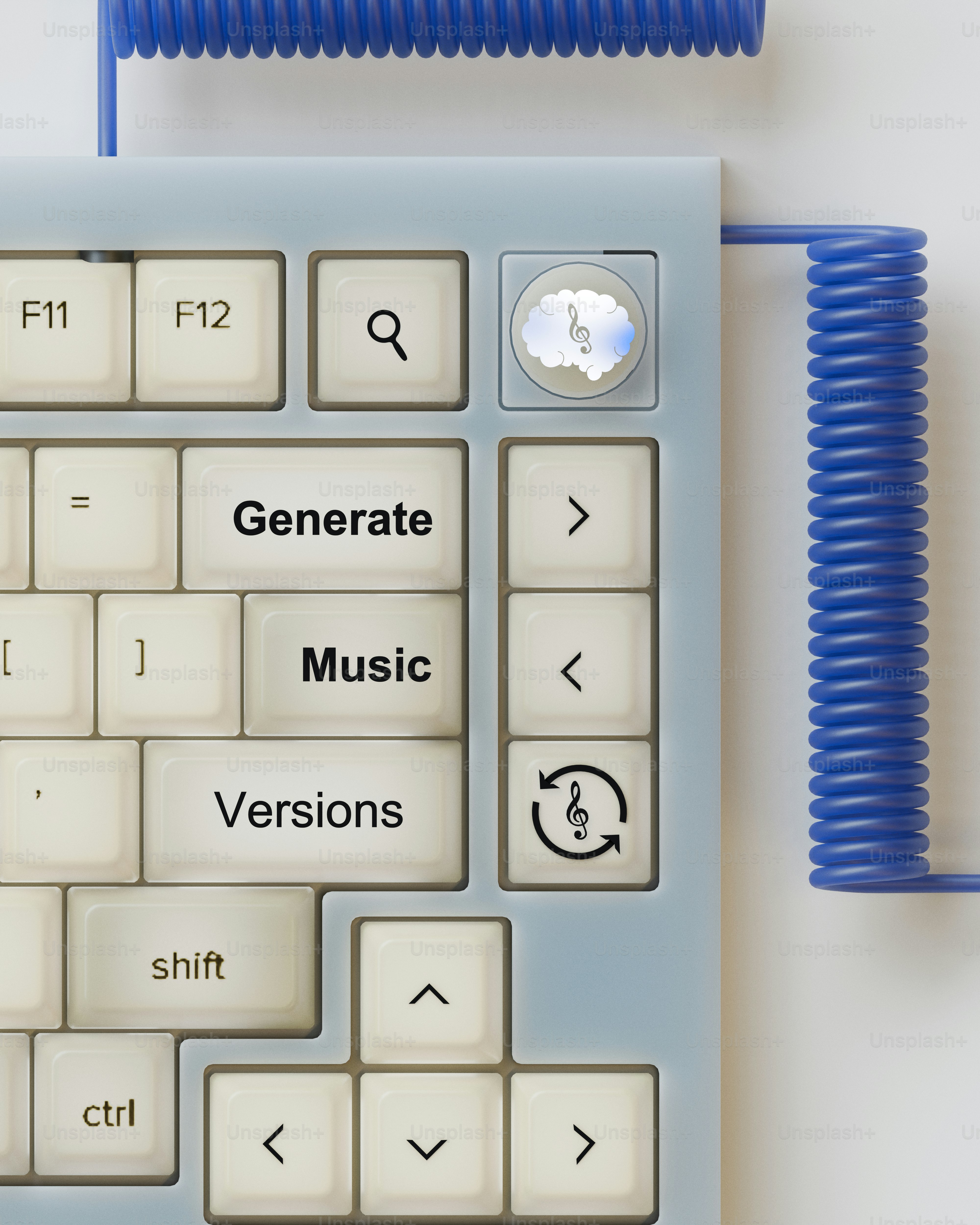 Light blue keyboard with music generation keys and coiled cables.