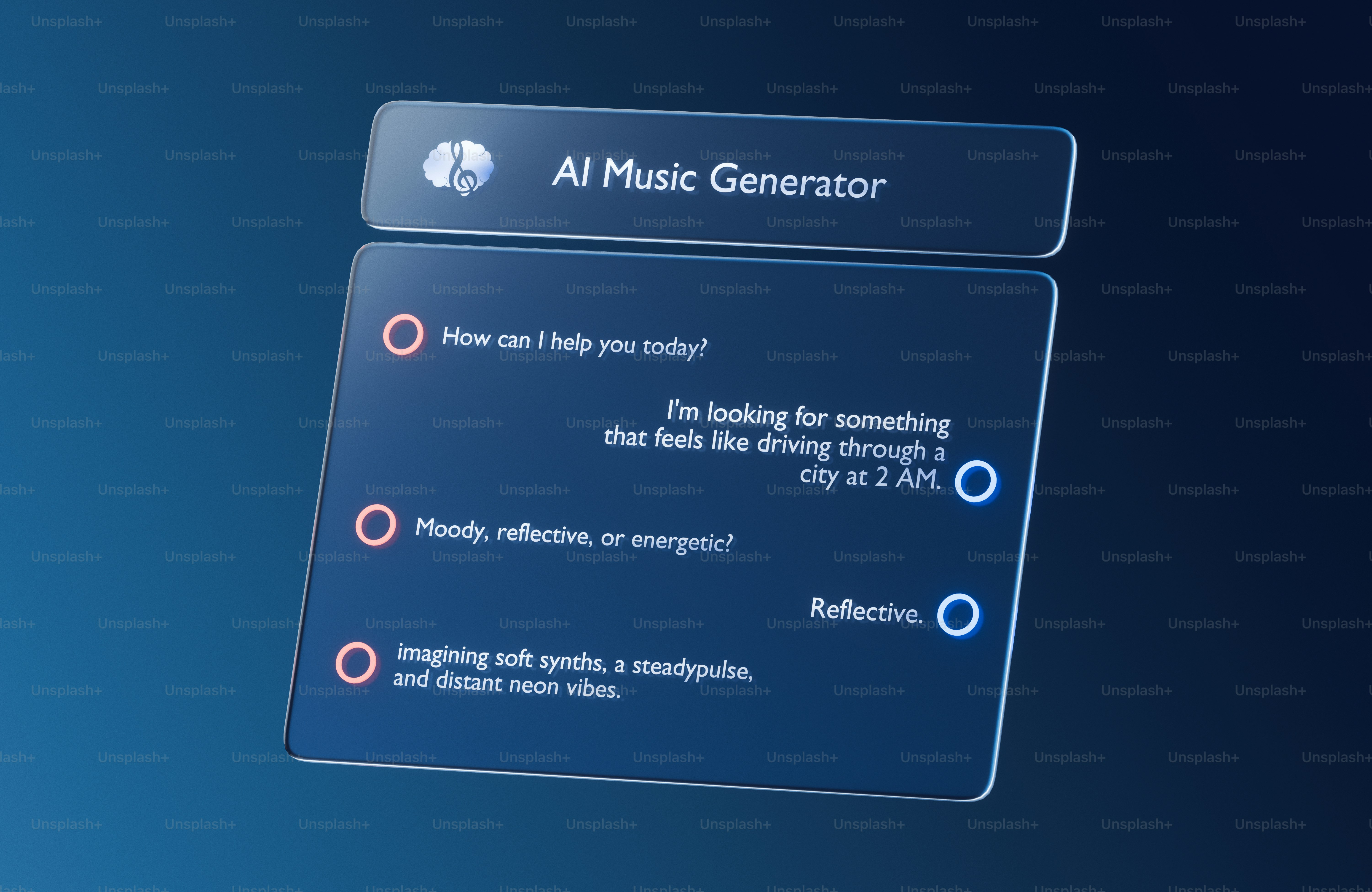 Antarmuka pembuat musik ai yang menampilkan petunjuk dan respons percakapan.