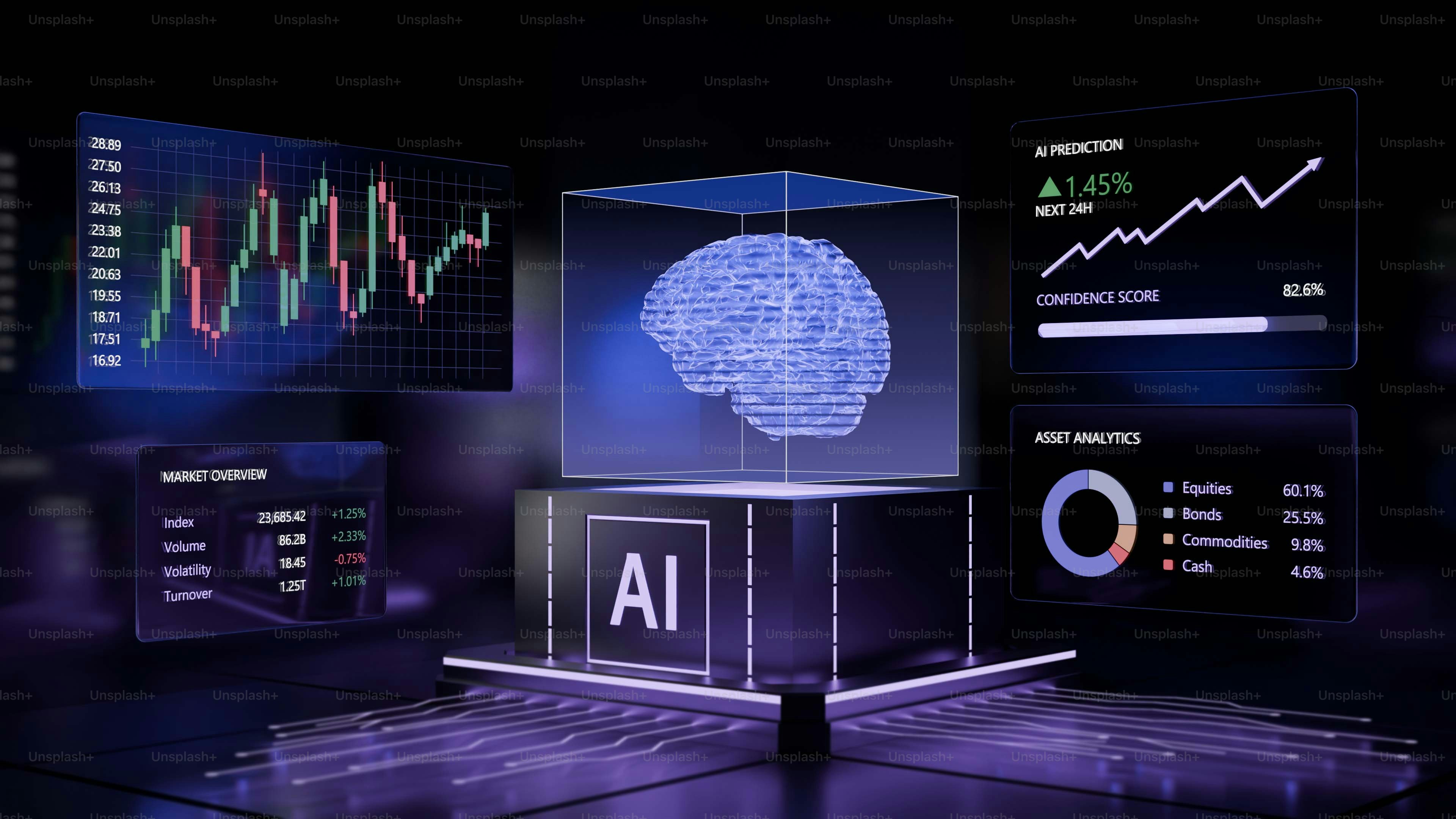 A glowing brain and ai text surrounded by data charts.