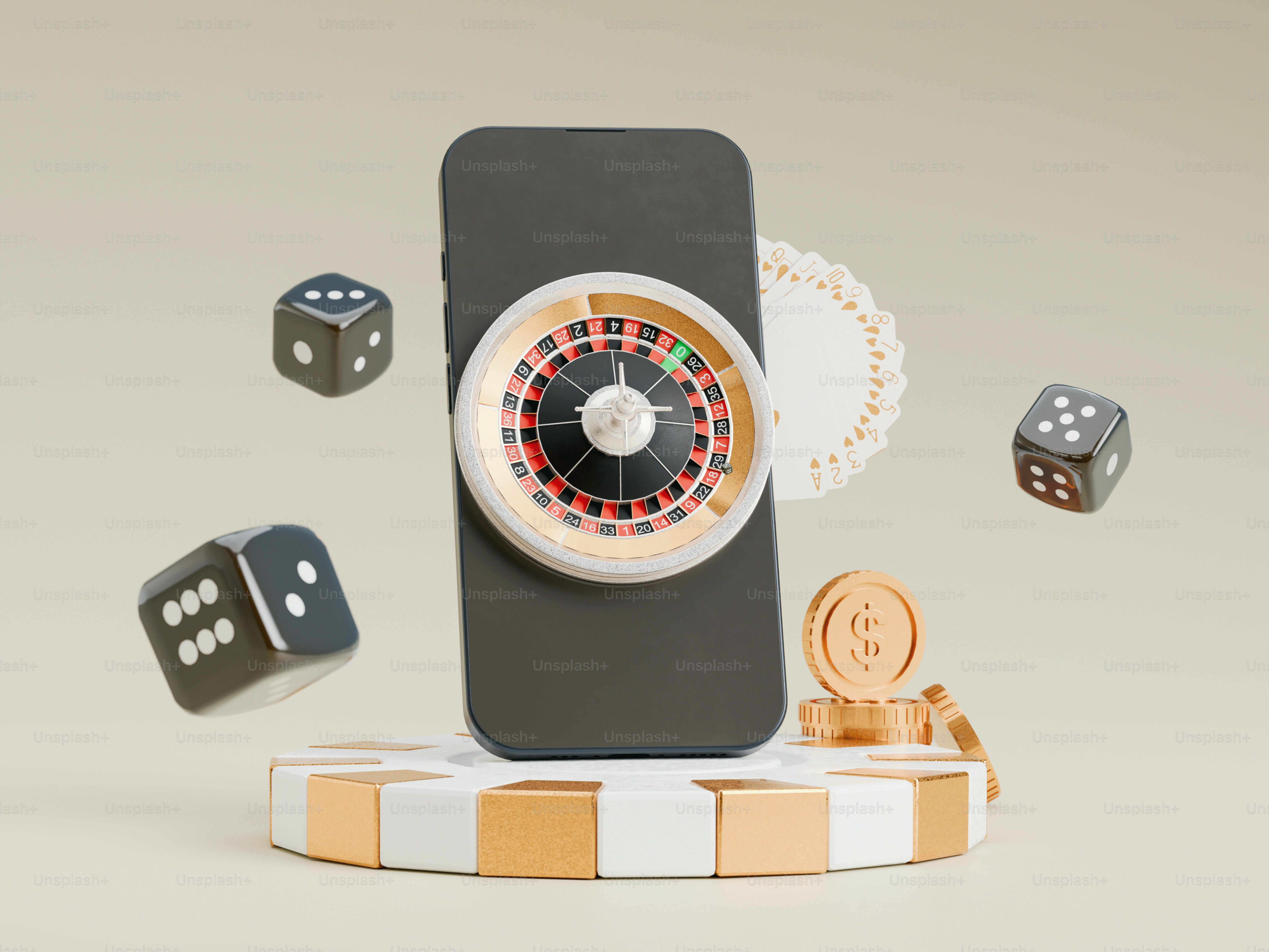 Smartphone displaying roulette with dice and gold coins.