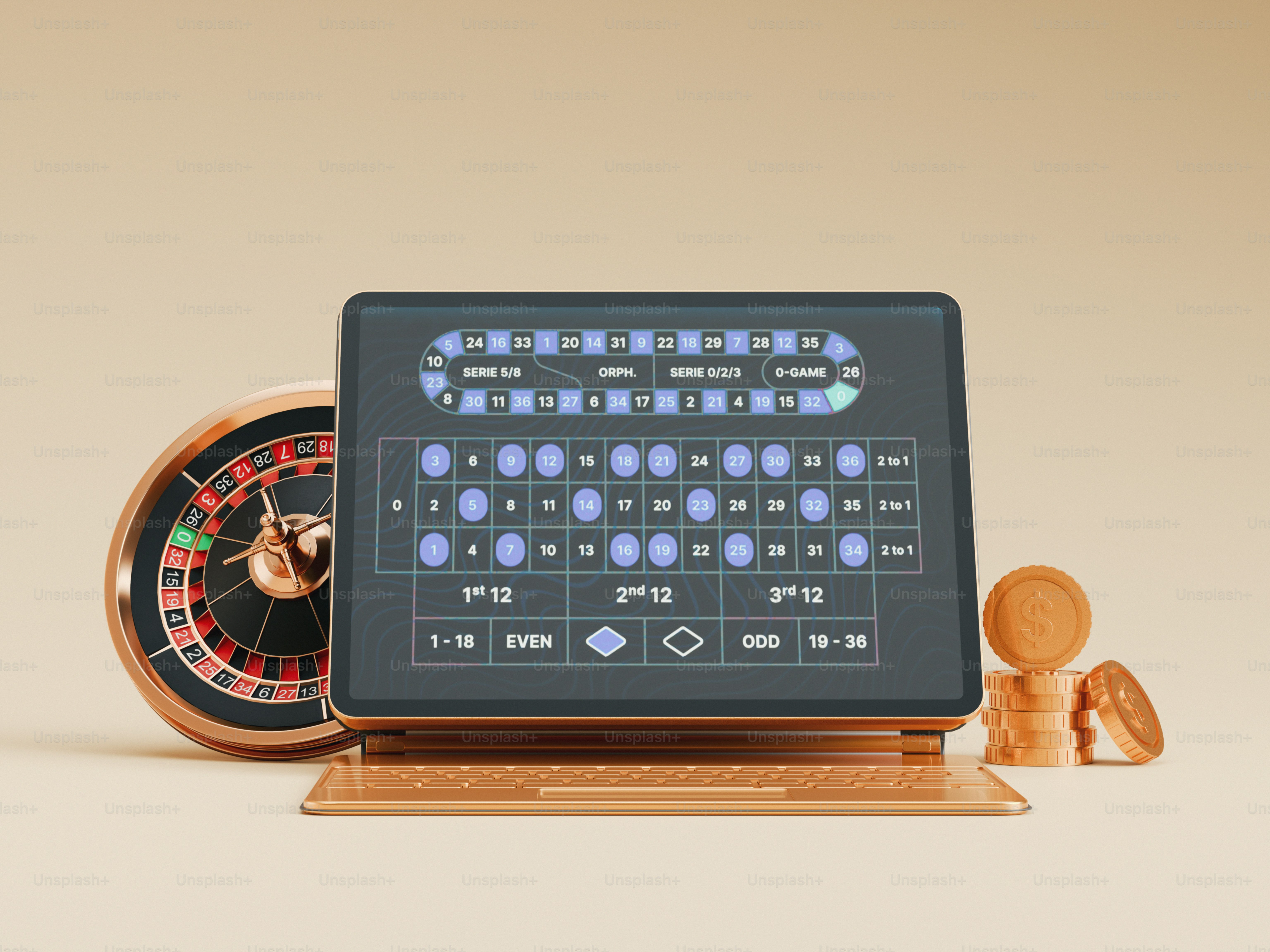 Laptop displaying online roulette with a wheel and chips.