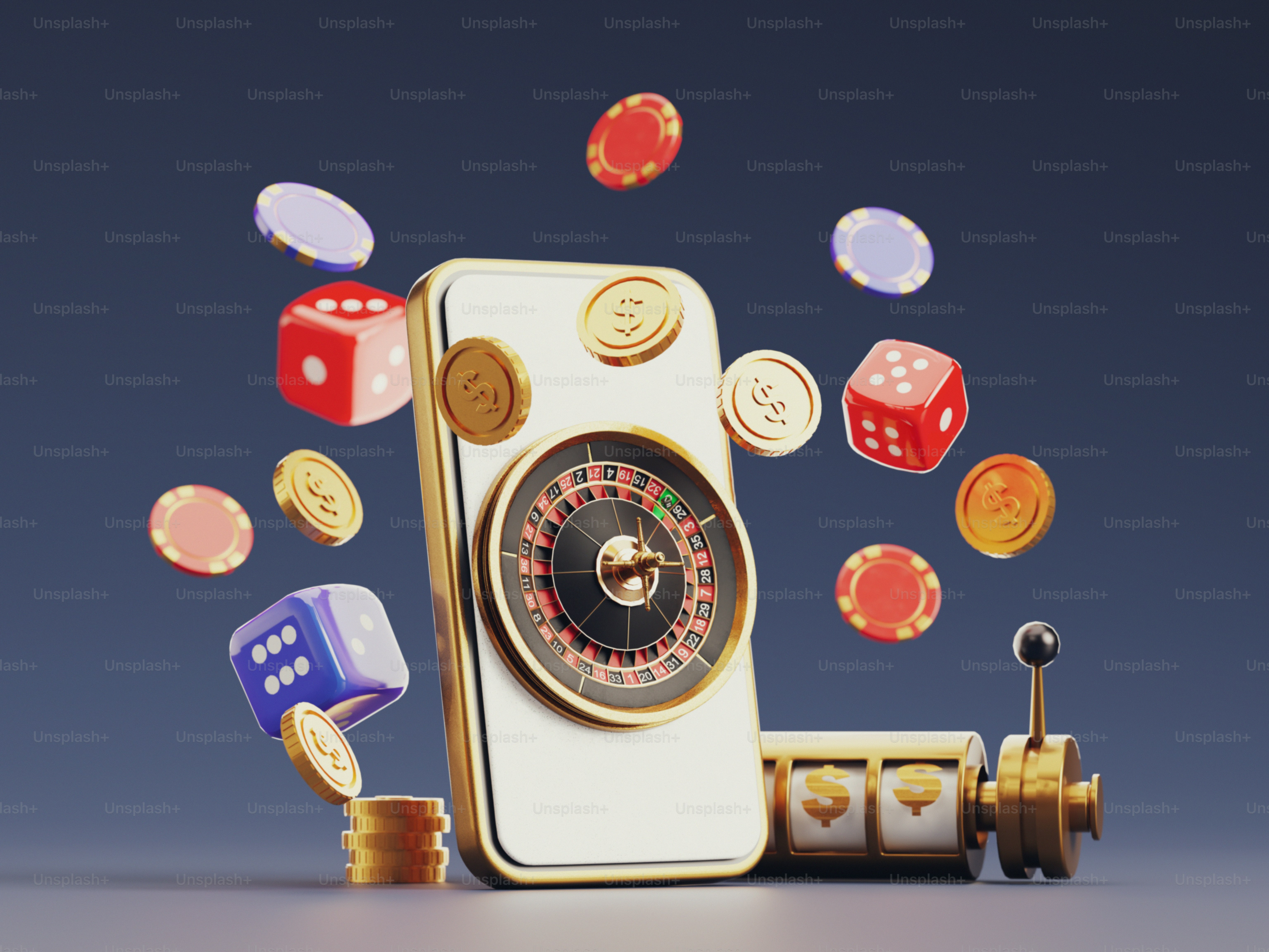 Golden smartphone with casino games, chips, dice, and slot machine.