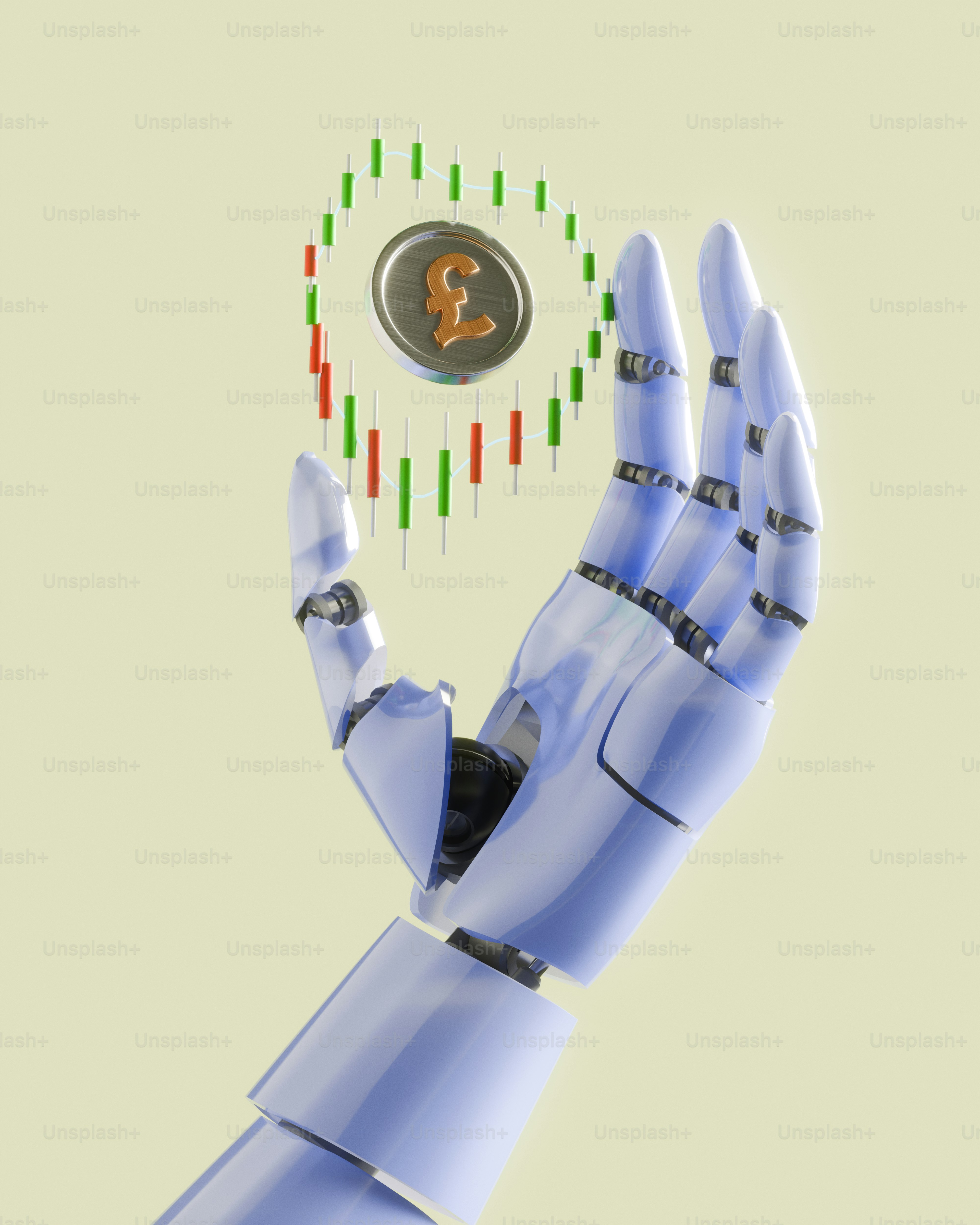 Robot hand holds pound coin surrounded by heart-shaped stock chart.