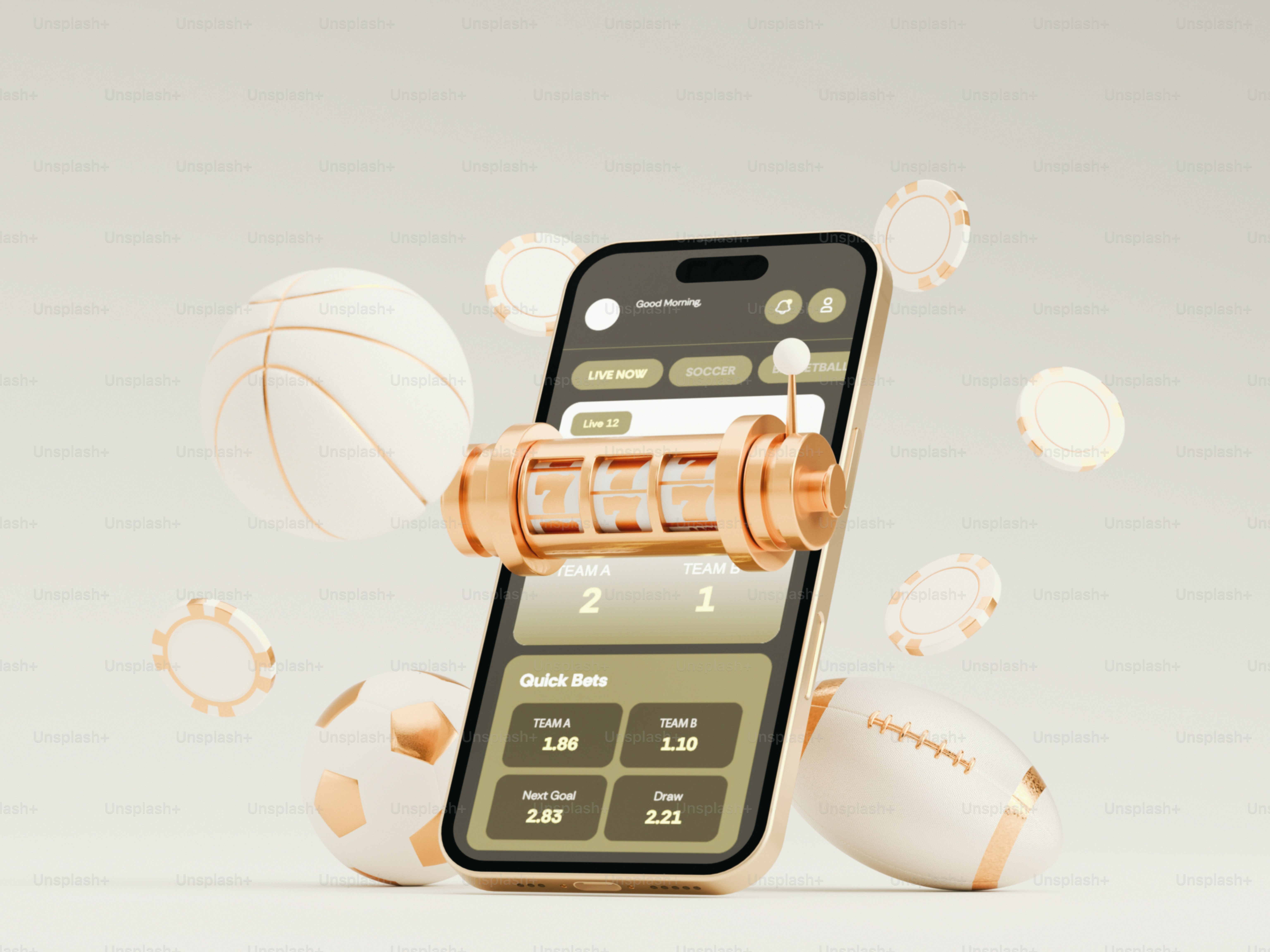 Smartphone with betting app, slot machine, and sports equipment.