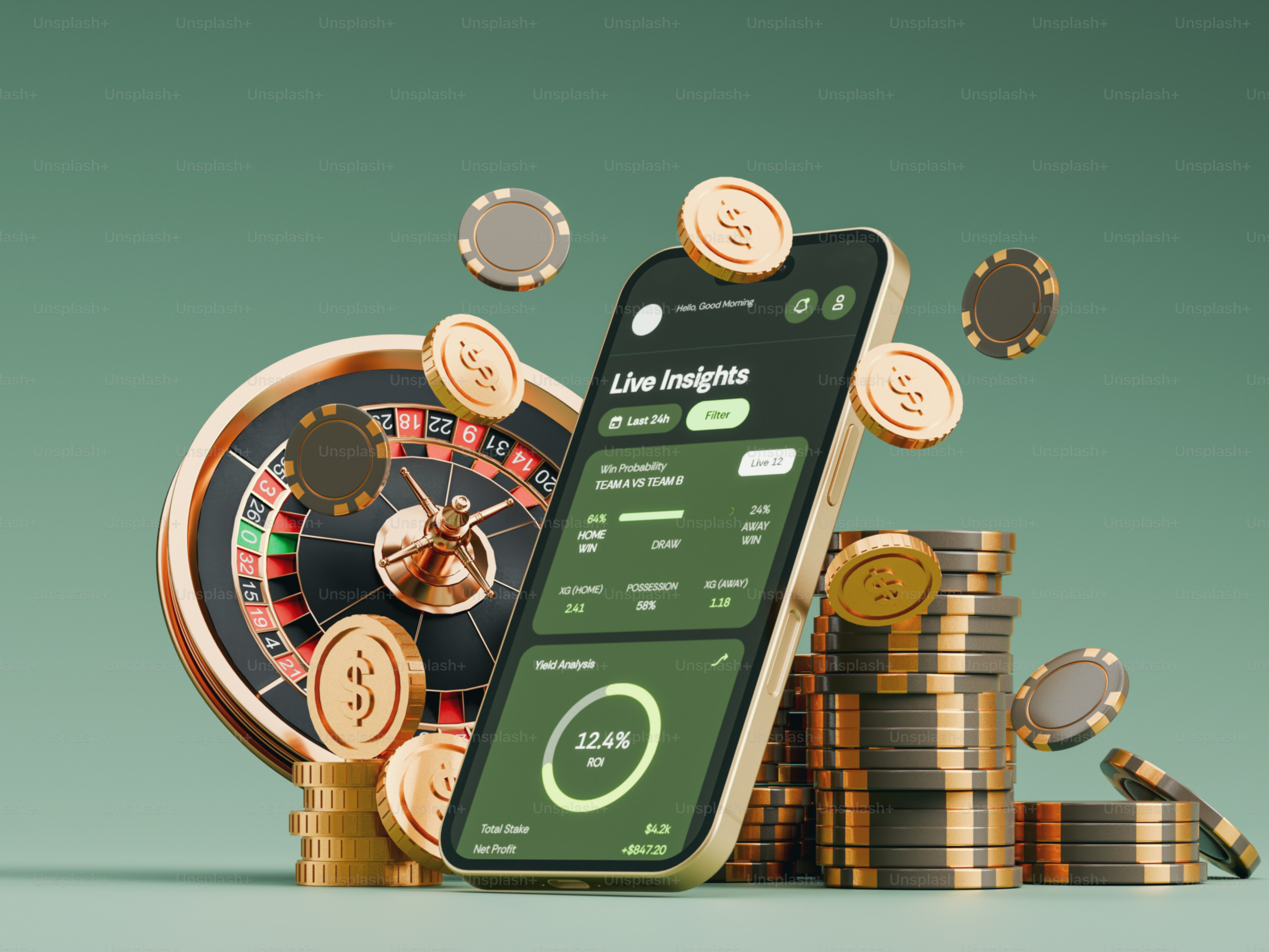 Live insights on a smartphone, roulette wheel, and gold coins.