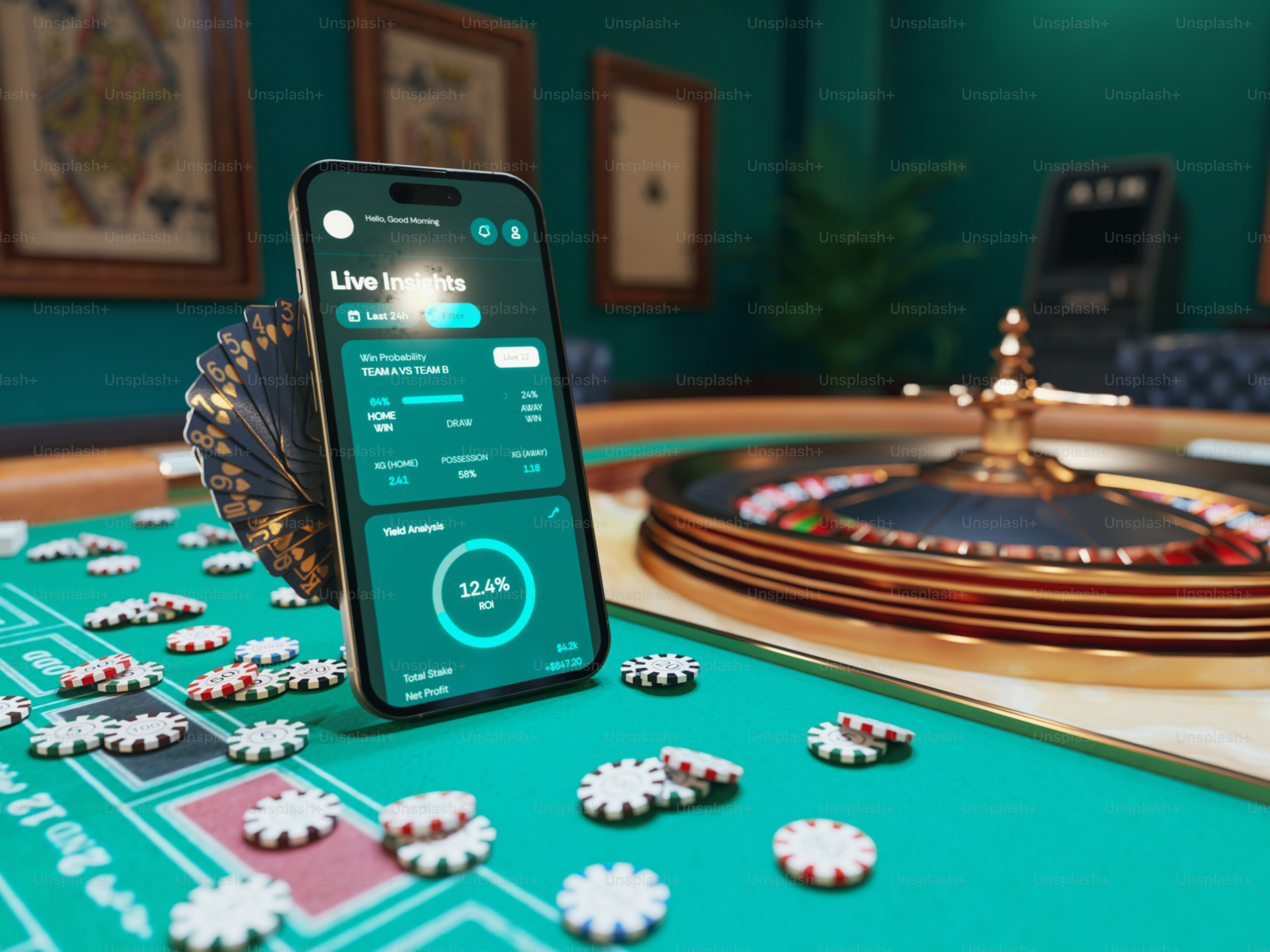 Phone showing live sports betting on a casino table.