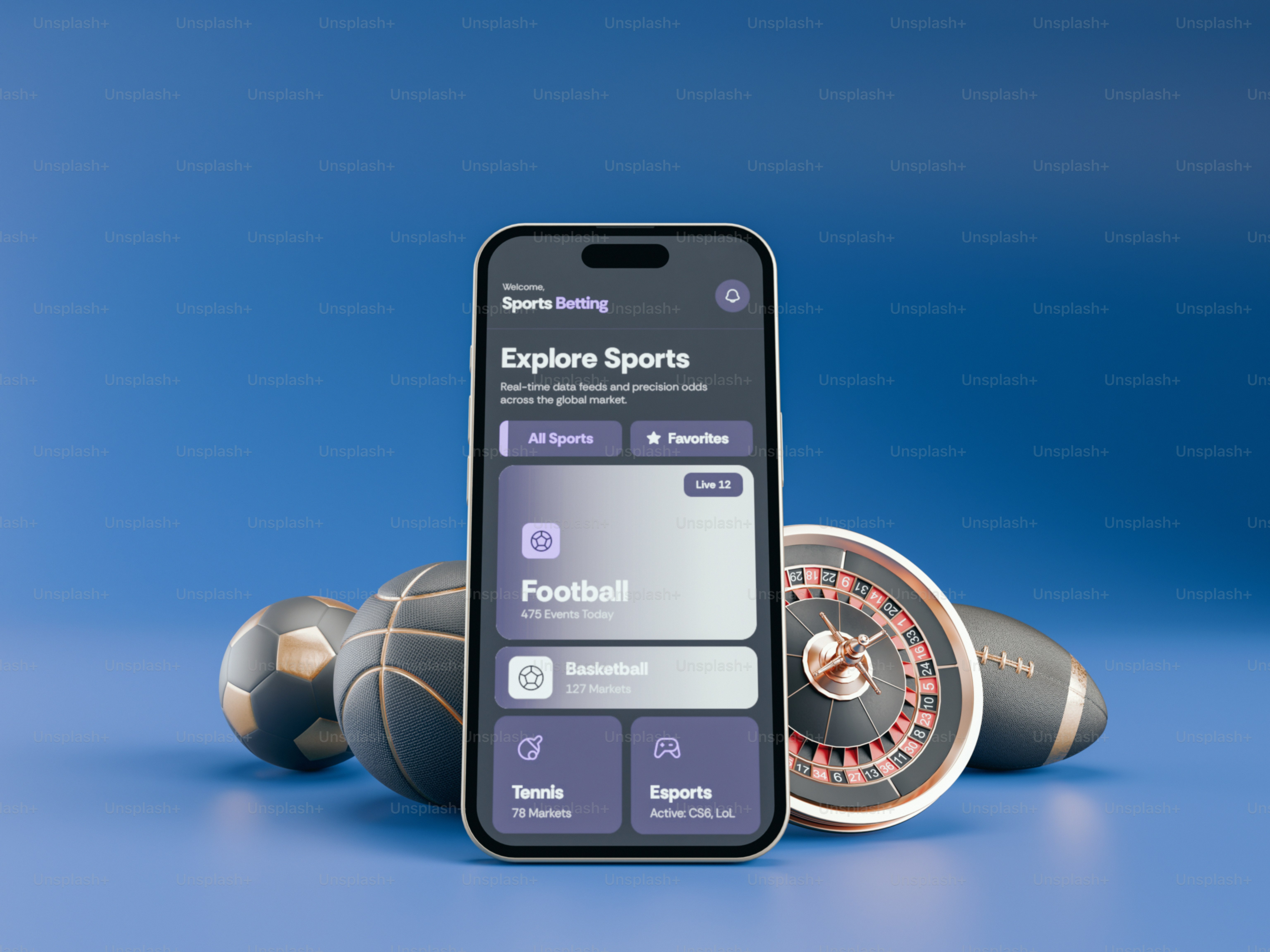 Smartphone displaying sports betting app with various sports equipment.