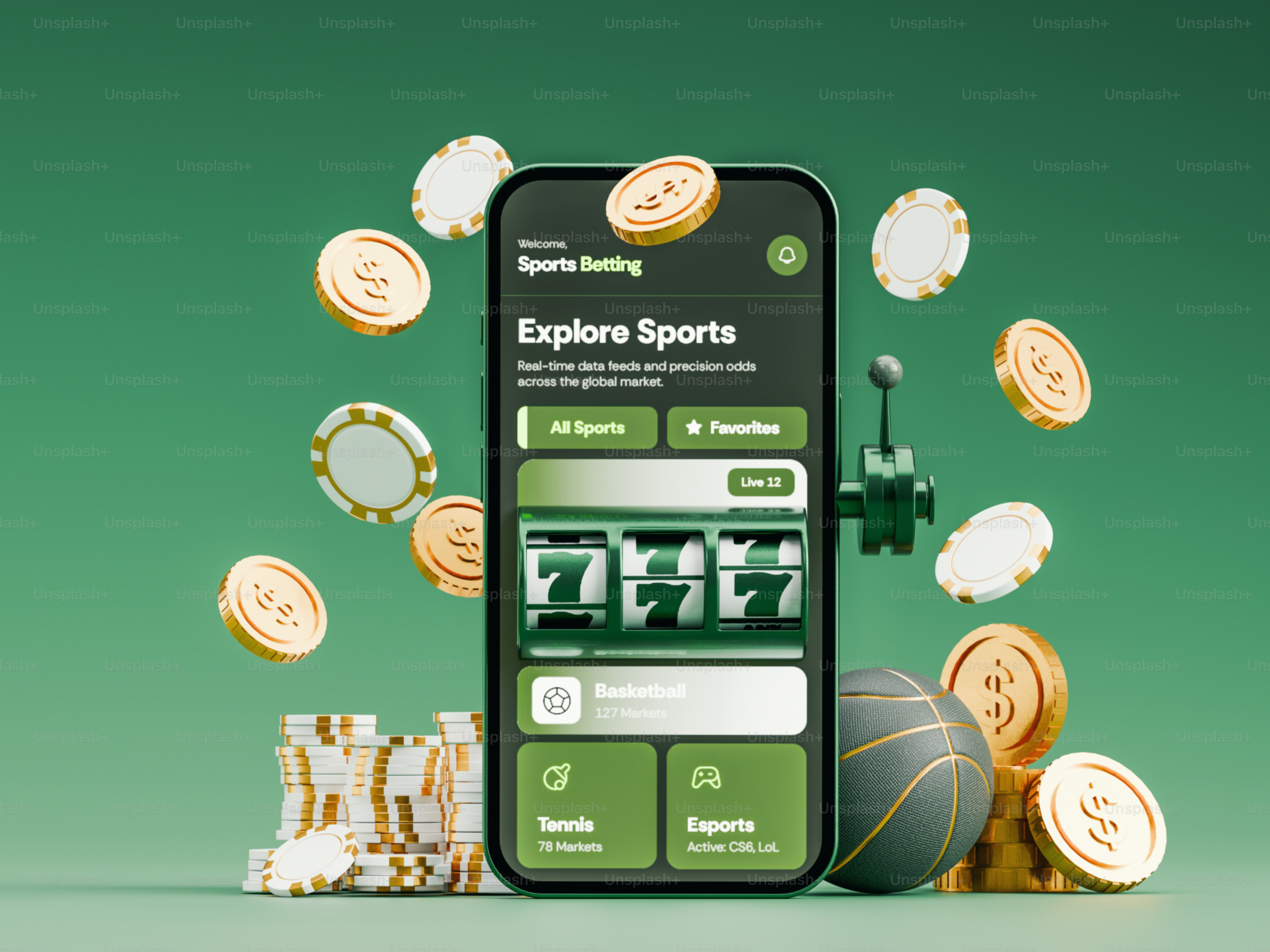Mobile sports betting app on smartphone with coins and chips.